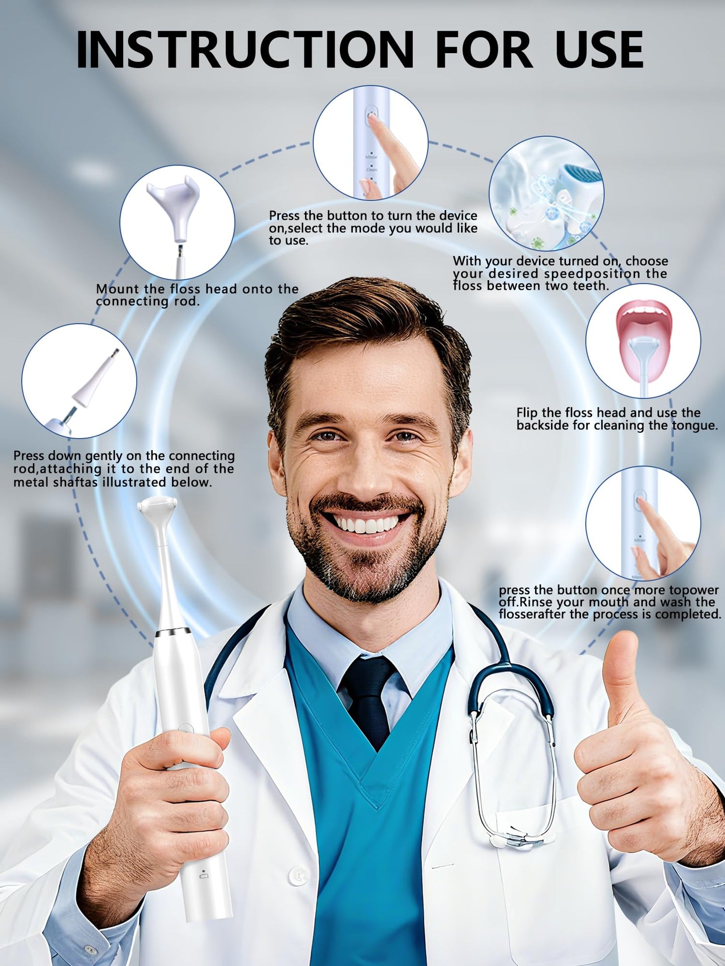 Electric Flosser for Teeth 4 Speeds,Electric Dental Flosser with 50 Replacement Heads,Rechargable Power Flosser for Teeth Cleaning Adults Men and Women