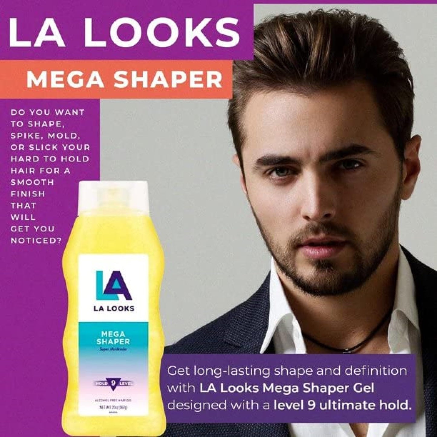 LA Looks Mega Shaper Hair Gel, All-Day Flexible Hold, Healthy Shine, Humidity Resistant, Alcohol-Free, Strong Styling Gel for All Hair Types, Level 9 Hold, 20 oz (Pack of 6)