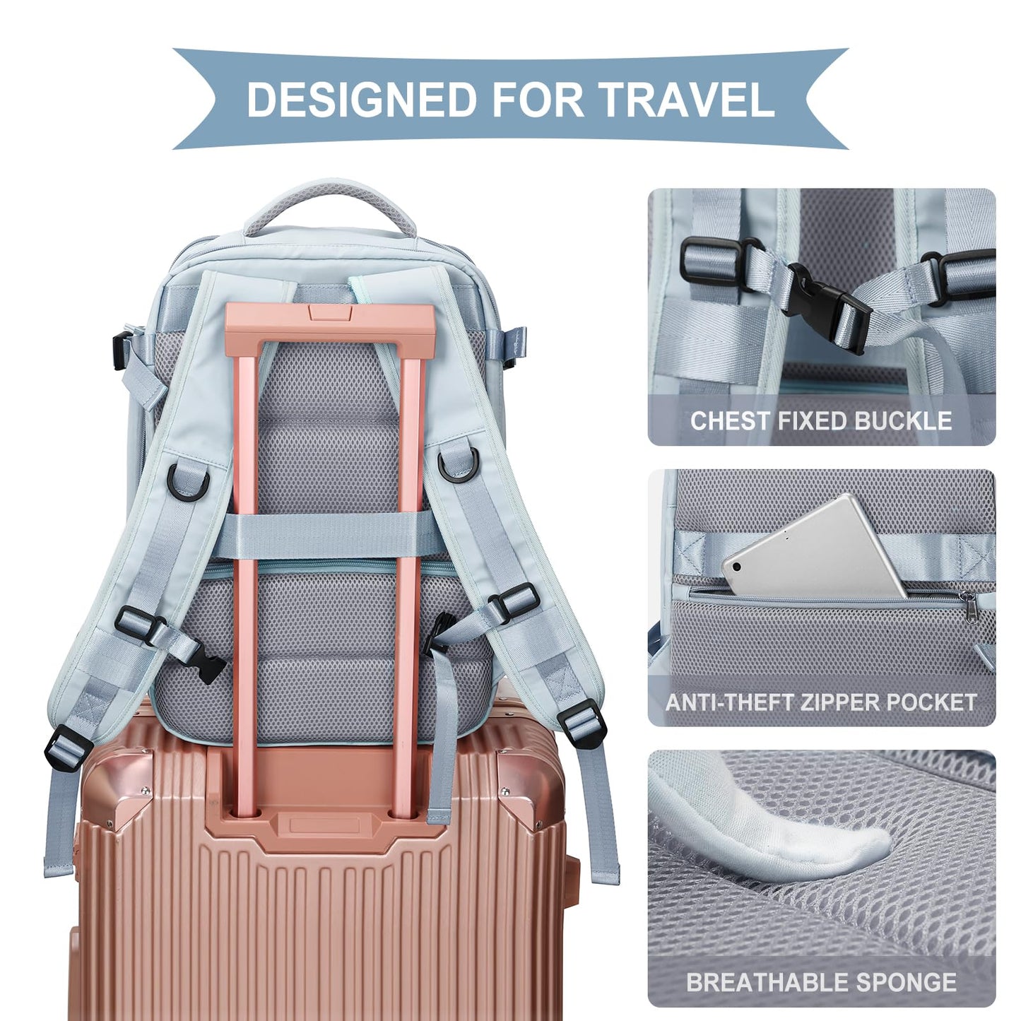 Large Travel Backpack Women, Carry On Backpack,Hiking Backpack Waterproof Outdoor Sports Rucksack Casual Daypack with USB Charging Port Shoes Compartment, Blue