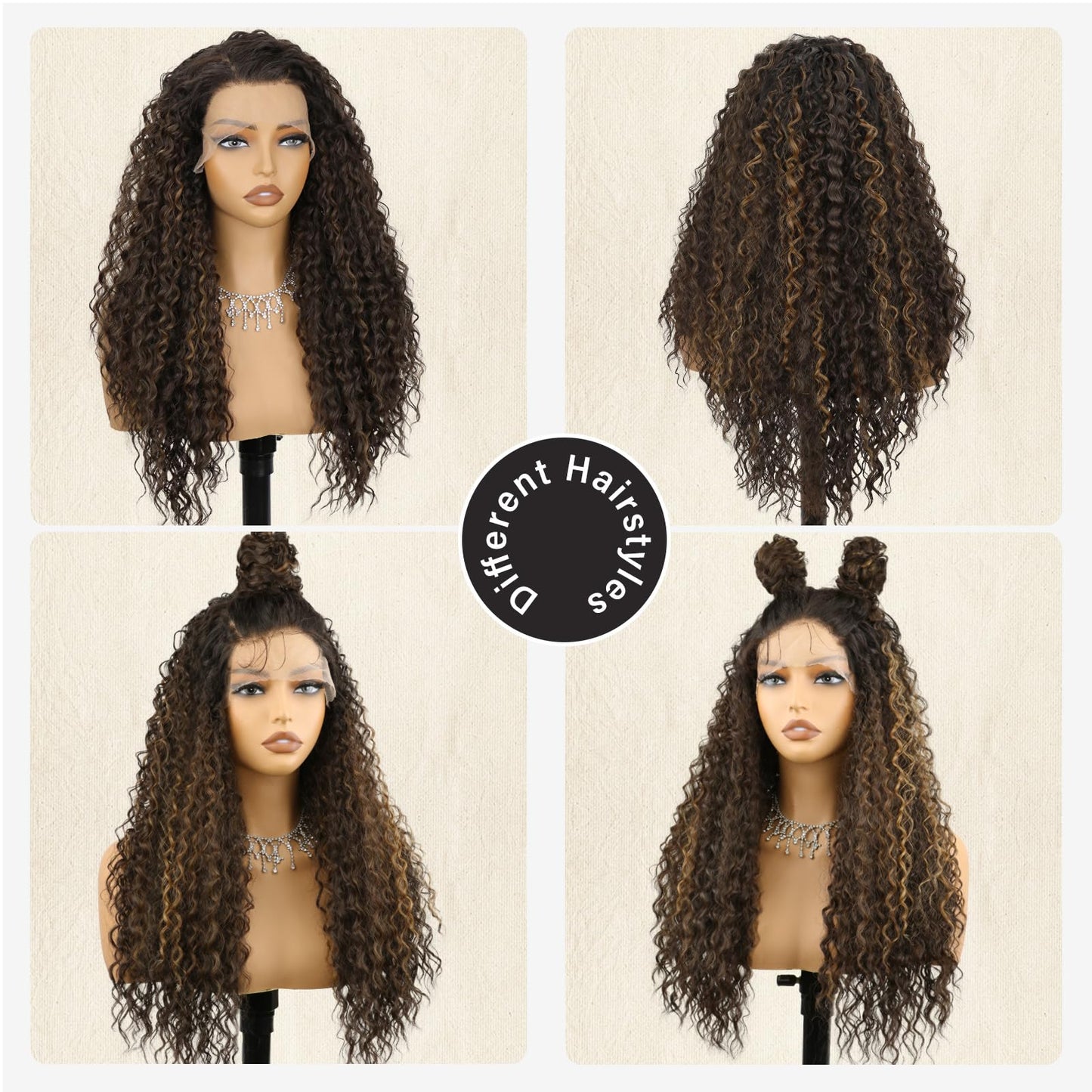 Kurope Brown with Highlight Synthetic Lace Front Wig 13x4 Long Curly Wig with Baby Hair Natural Preplucked Hairline 24 Inch Wavy Wig for Black Women Daily Party Use