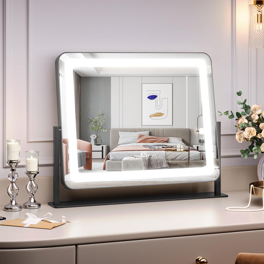 19.6 in x15.7 in Vanity Mirror with Lights, Large Lighted Mirror, LED Makeup Mirror with 3-Color Dimmable Modes and Smart Touch Control, Perfect for Desk or Bedroom, Vanity Desk Tabletop Makeup, White