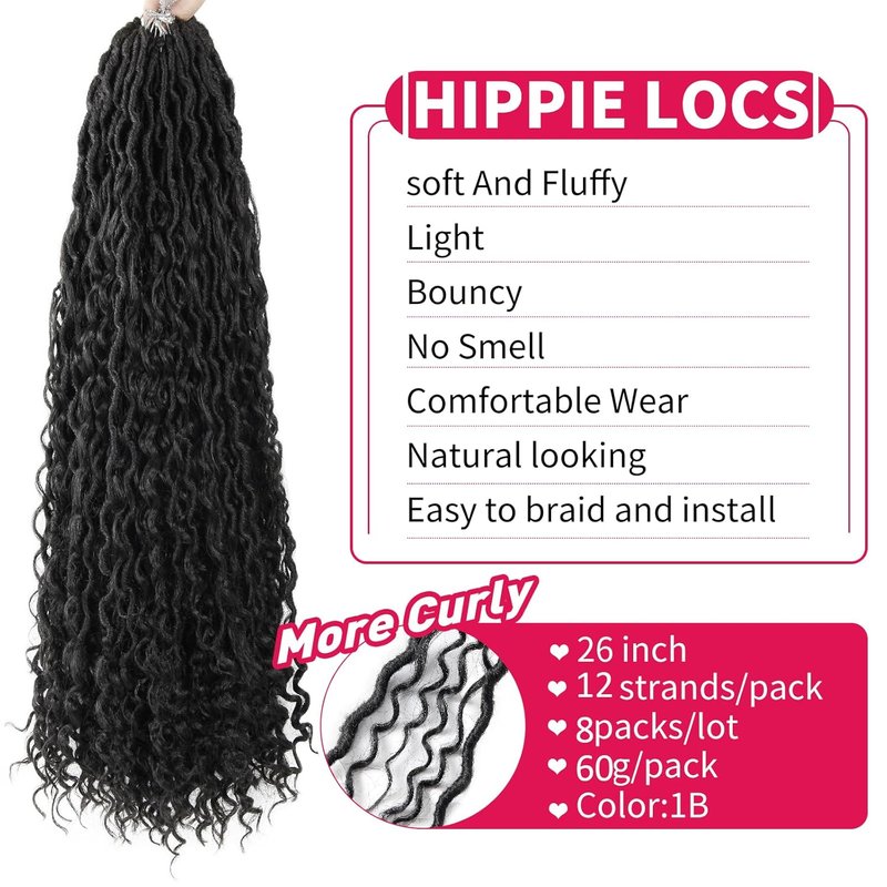 Goddess Locs Crochet Hair - 26 Inch Boho Faux Locs with Curly Ends | 8 Packs for Black Women (Color 1B)