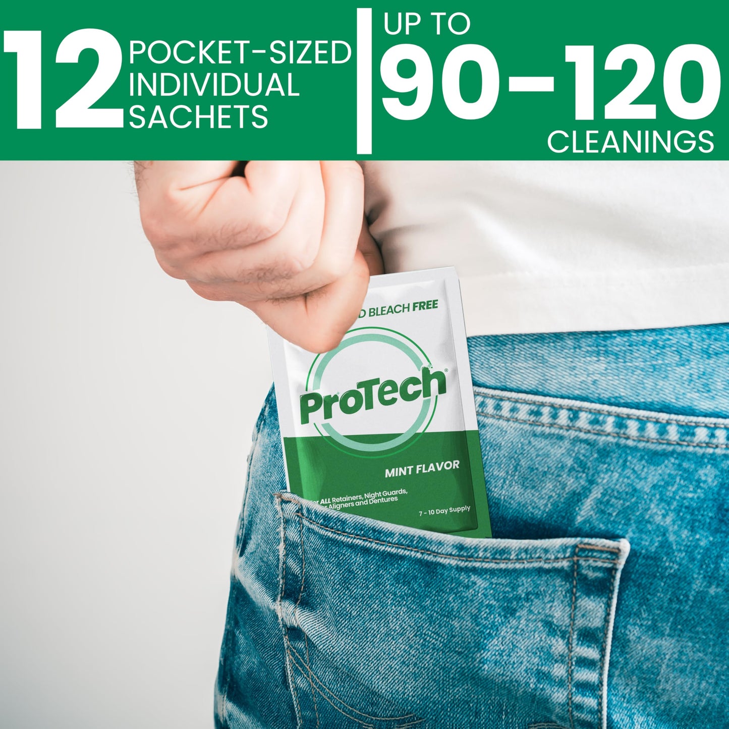 ProTech Retainer Cleaner - 90 - 120 Cleanings (0.23 Per Cleaning) 12 Pack/3 Month Supply - For Clear Aligners, Dentures, Retainers, Mouth Guards & Night Guards - Cleaning Crystals, Mint