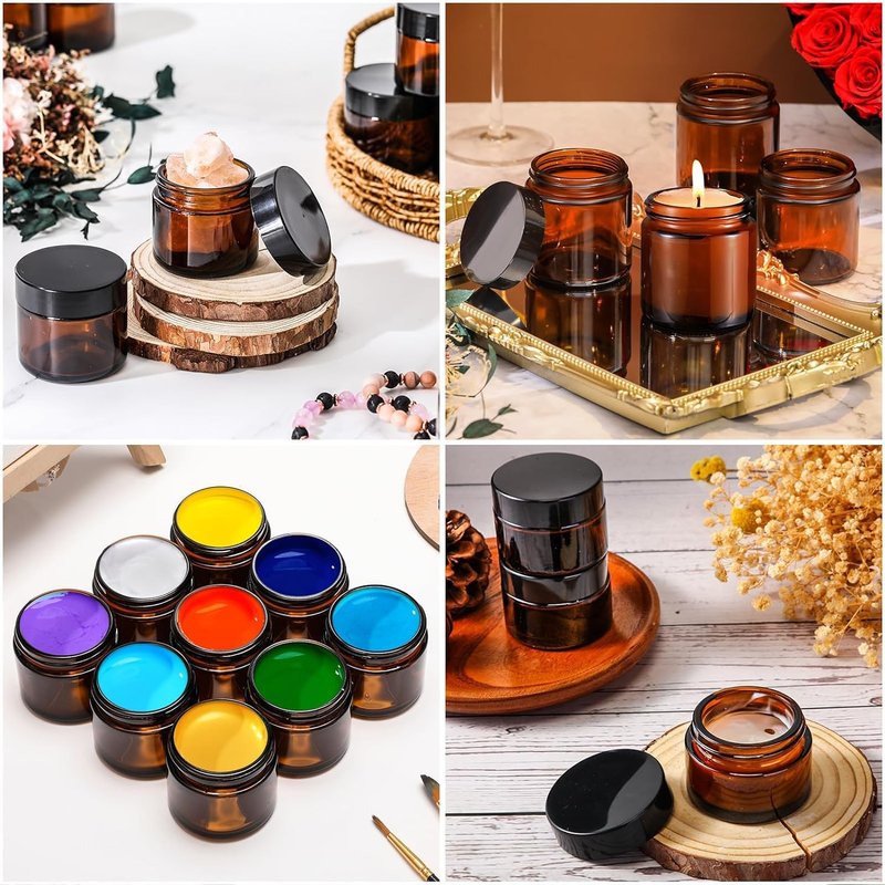 BPFY 12 Pack 4 oz Round Amber Glass Cosmetic Jars with Inner Liners, Black Lids, Spatula, Chalk Labels, Pen, Candle Holder, Refillable Containers for Makeup, Cream, Sugar Scrubs, Bath Salts