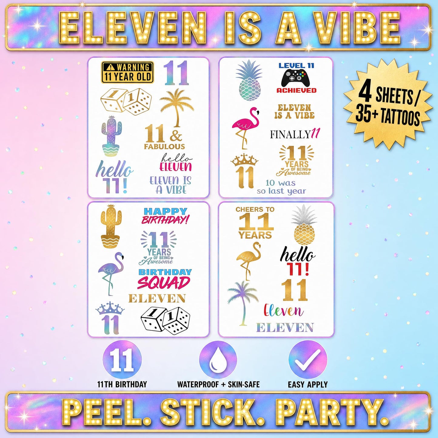 11th Birthday Temporary Tattoos - 4 Sheets - Funny Birthday Party Favors for Him or Her - Birthday Party Supplies, Gifts and Decorations
