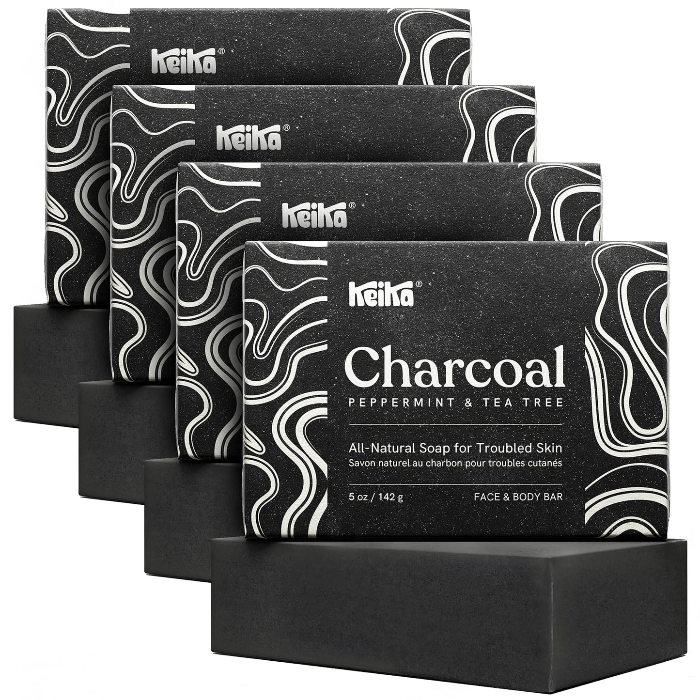 Keika Charcoal Black Soap Bar for Eczema, Psoriasis, Face, Body, Men Women Teens with Oily Skin, 5 oz. (Charcoal, 4-Pack)