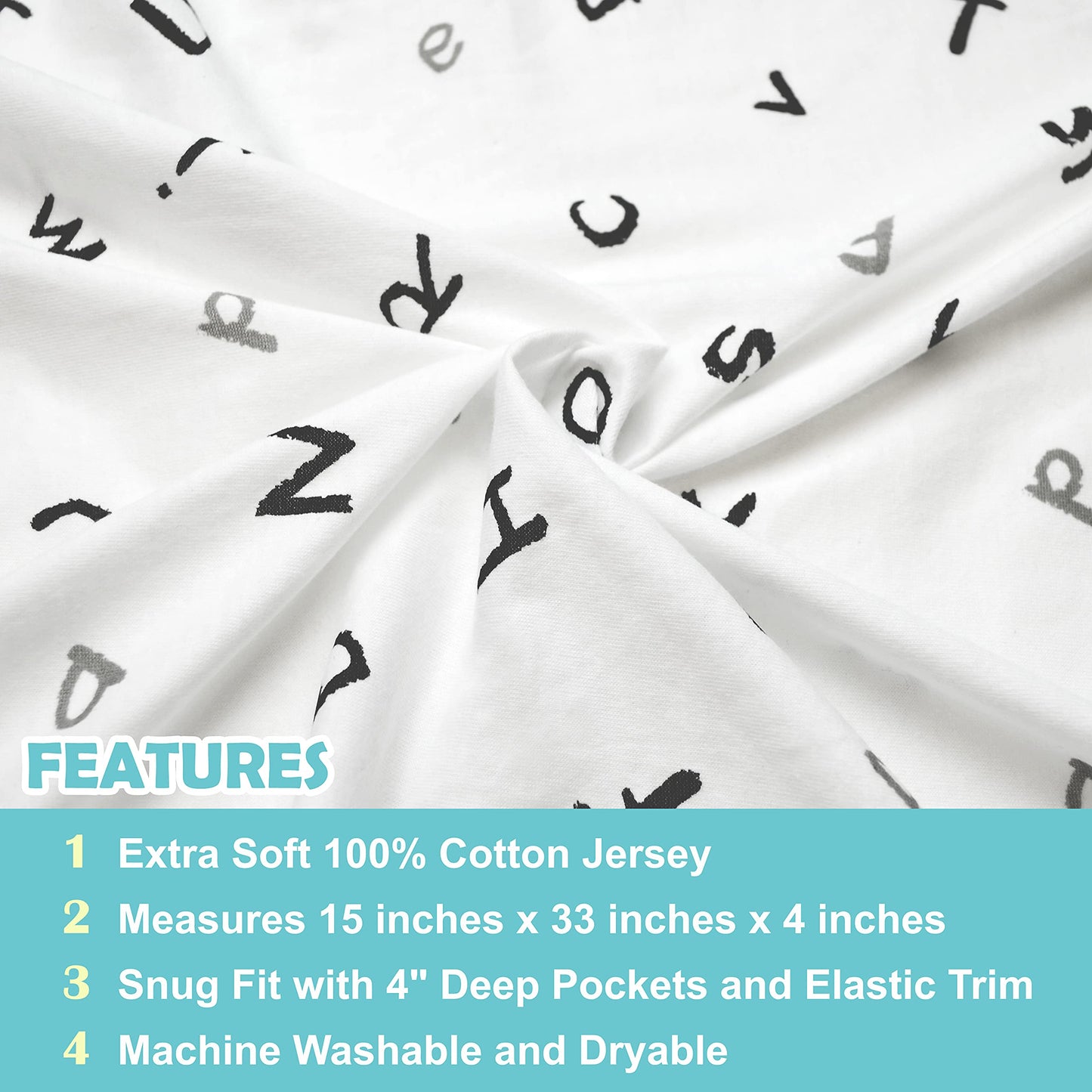 American Baby Company 15" x 33" Fitted Bassinet Sheet, Printed 100% Natural Cotton Jersey Knit, Alphabet, Soft Breathable, for Boys and Girls (Pack of 1)