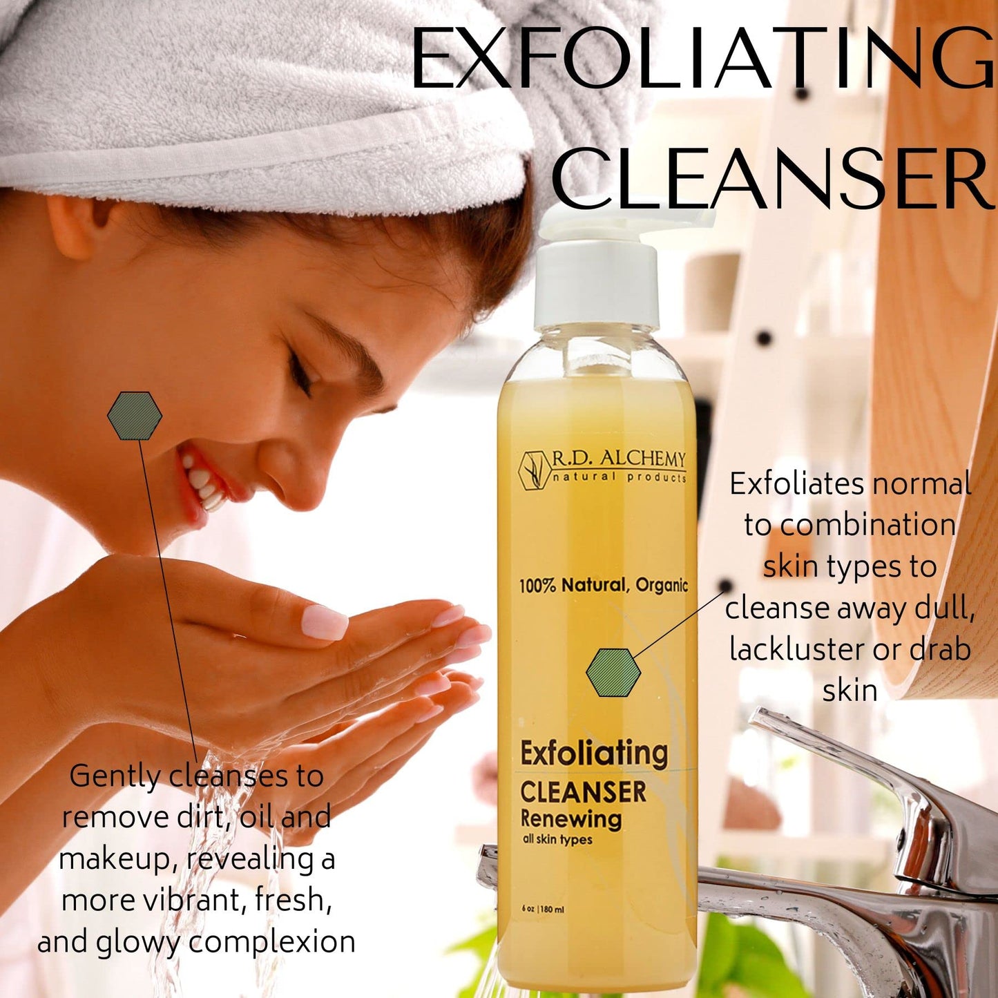 RD Alchemy - Natural & Organic Exfoliating Cleanser - Sulfate-Free for All Skin Types. Gently Removes Dirt, Oil & Makeup While Smoothing & Brightening Skin with Exfoliating AHAs.