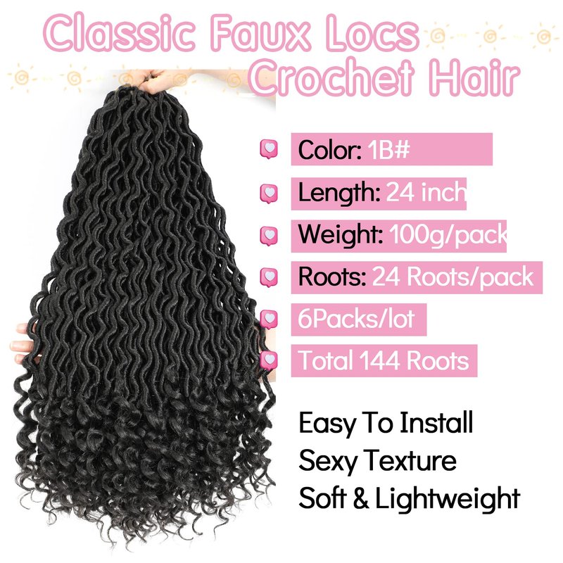 Karida Faux Locs Crochet Hair 24 Inch, 8 Packs Pre Looped Goddess Locs Crochet Hair, Wavy Crochet Faux Locs With Curly Ends, Boho Faux Locs Crochet Hair For Black Women (24 inch, 1B#)