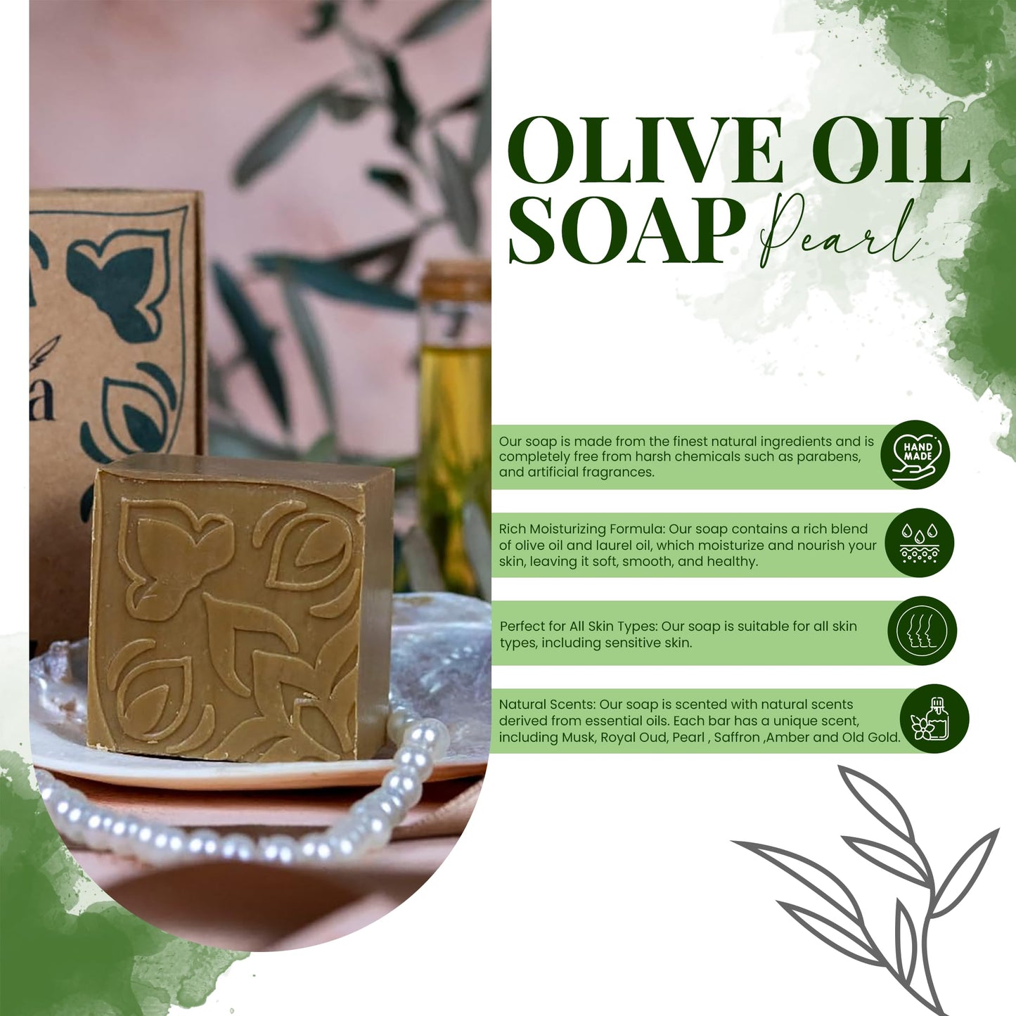 Natural Olive Oil Soap bars with Organic Ingredients, Vegan Soap, Moisturizing, Handmade, Scented With Essential Oils, Body Soap Bars for Women and men (Pearl) (Pack of 4 Bars) 17.6 Ounce