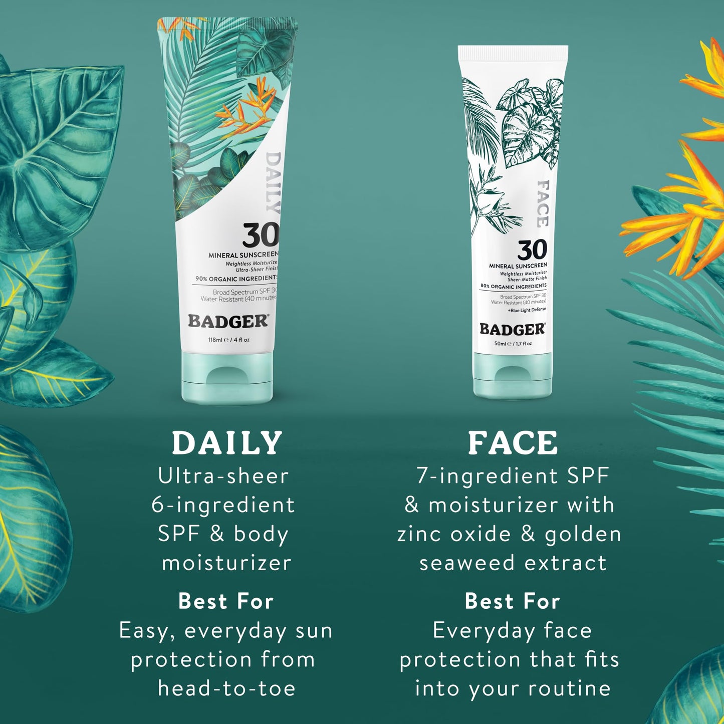 Badger Zinc Oxide Face Sunscreen SPF 30, Lightweight Mineral Sunscreen for Face, Matte Finish, No White Cast, Vegan, Water Resistant, Unscented, Mineral Sunblock Face Lotion, 1.7 fl oz