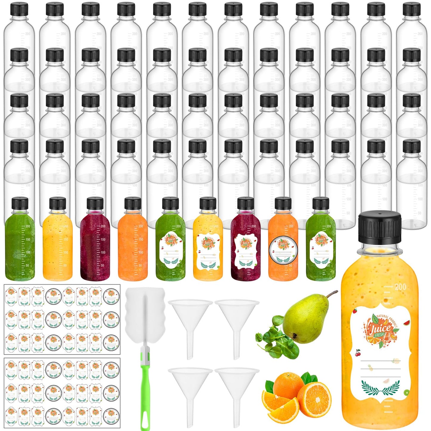 LemonRoad 50 Pcs 7oz Plastic Juice Bottles with Lids Clear Reusable Small Bottles with Scale, Labels & Funnels for Ginger Juice, Smoothies, Milk, Coffee, Meal Prep & Outdoor Travel