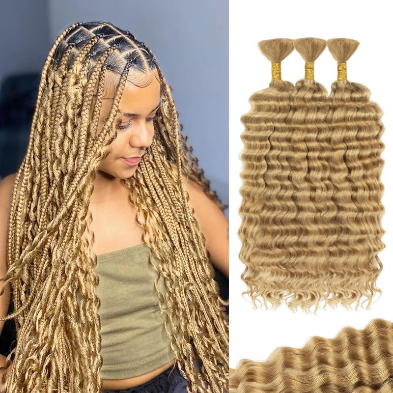 Human Braiding Hair for Boho Braids 120g 3 Bundles Deep Wave Curly Bulk Human Hair for Braiding Knotless Bohemian Natural Color (1B, 24 Inch)