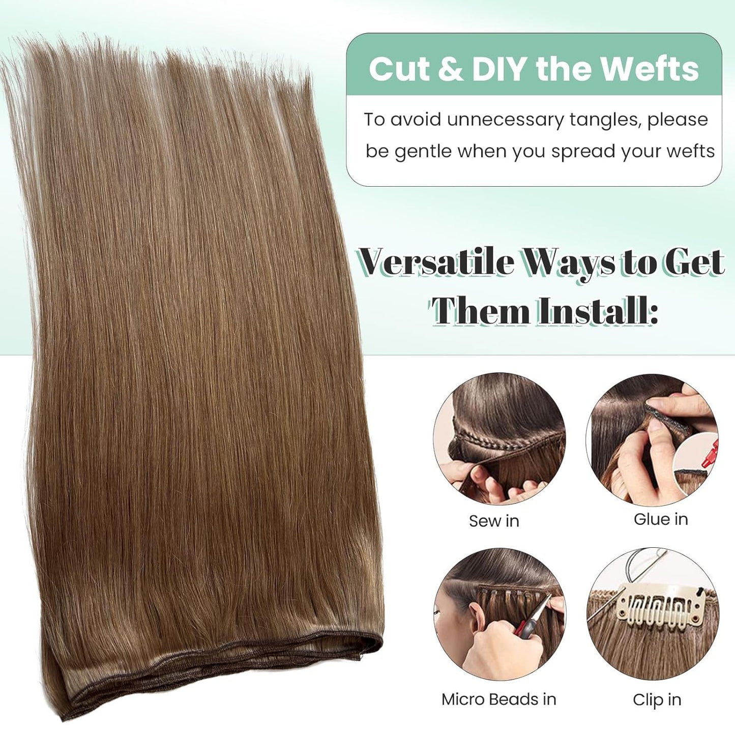 Human Hair Weft Extensions - Ash Brown Sew-In Double Weft | 12 Inch Thick Straight Bundles for Women