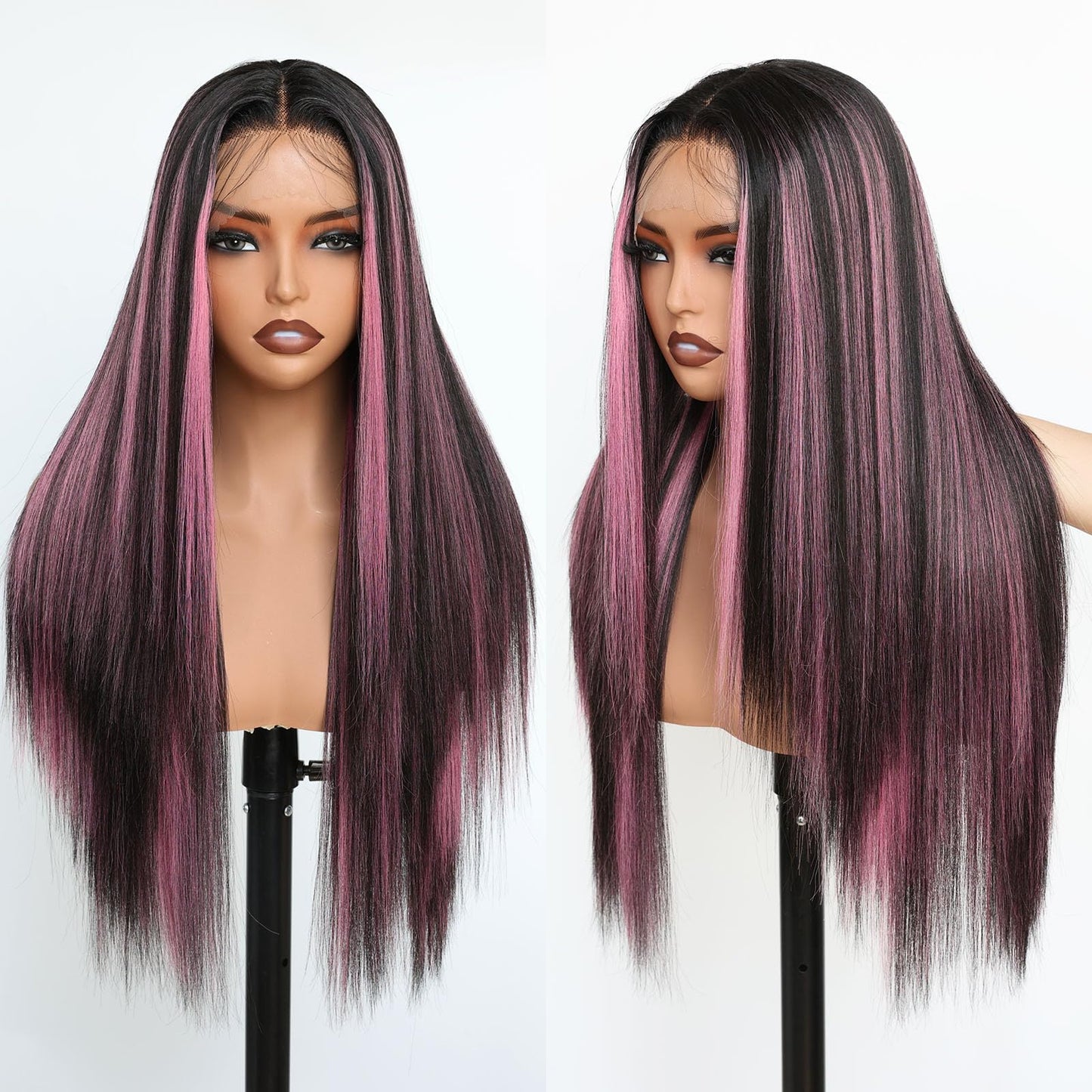 FABÉLLE Black and Pink Highlight Wig Lace Front Wigs Pre Plucked with Baby Hair Glueless Wig 26 Inch Long Straight for Women Pink Color Forehead Synthetic 13×4×1 Lace Front Wig