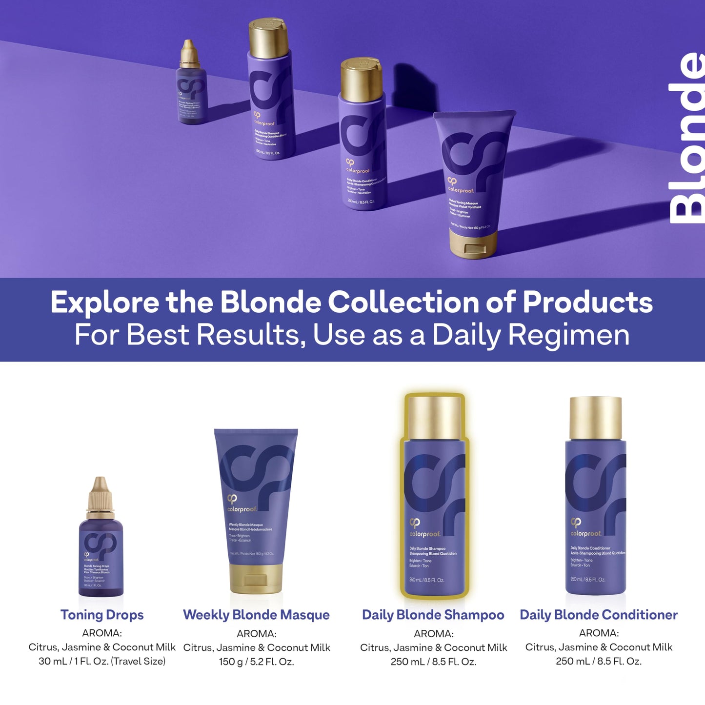 Colorproof Daily Blonde Shampoo 8.5 Fl. Oz. Sulfate Free Shampoo for Blonde Color Treated Hair with Citrus, Jasmine & Coconut Milk Scent for Cleansing & Toning