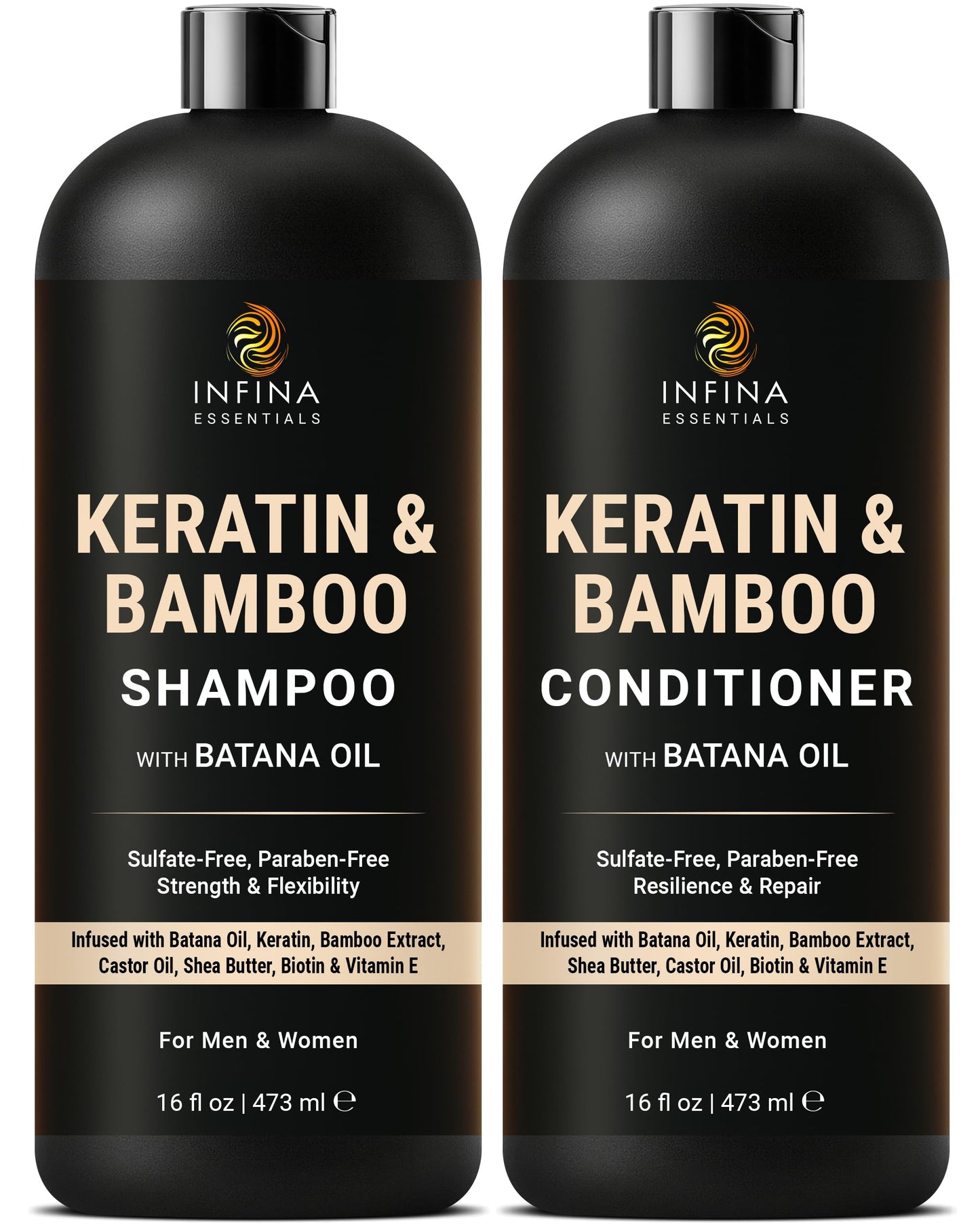 INFINA ESSENTIALS Keratin Shampoo and Conditioner Set | Frizz Control & Smoothing with Batana Oil & Bamboo Extract | Sulfate-Free | Men & Women | 16 fl oz Each