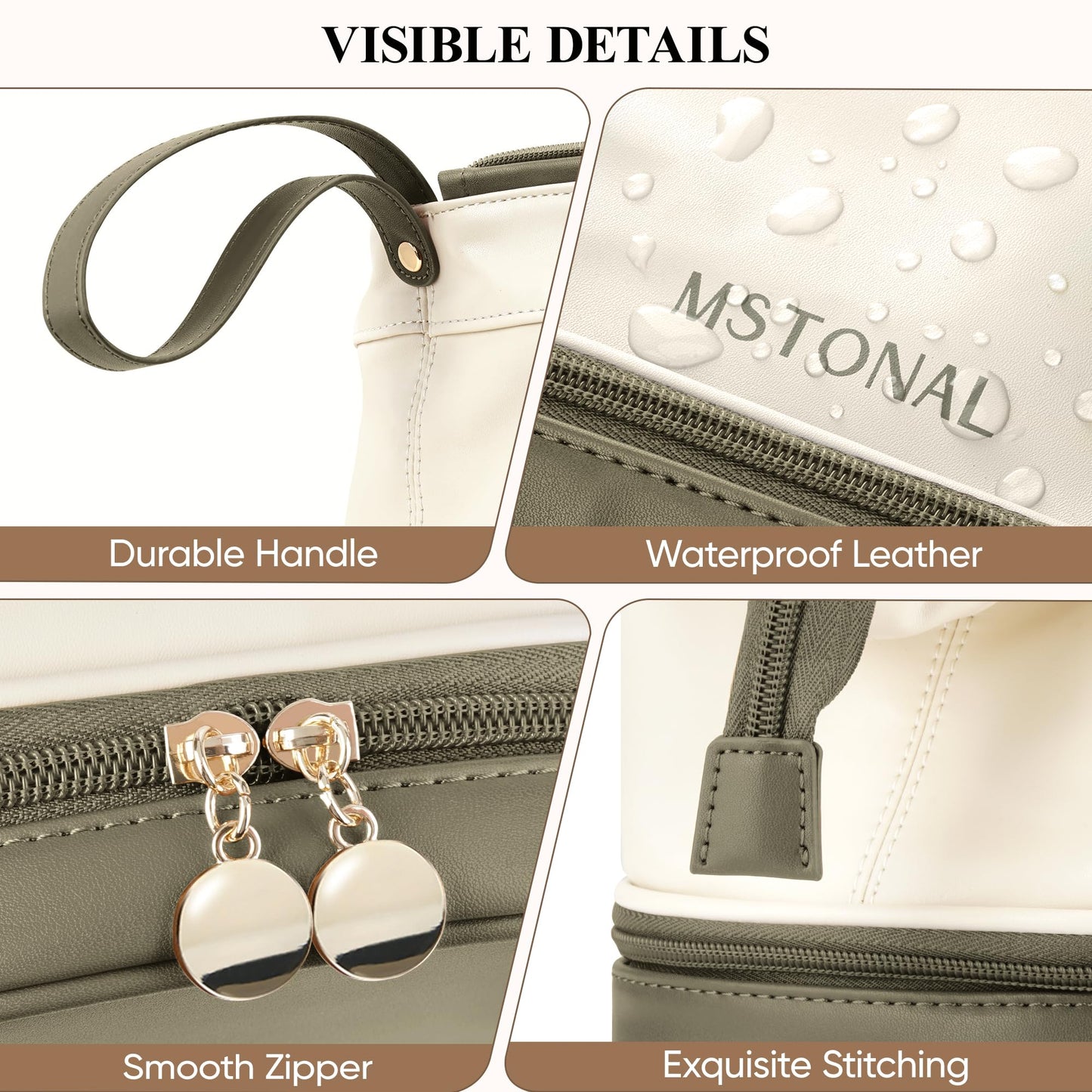 MSTONAL Travel Makeup Bag, Large Capacity Double Layer Cosmetic Bags for Women, Waterproof Portable Make Up Skincare Pouch with Makeup Brush Organizer, Toiletry Bag for Essentials, Beige & Olive Green