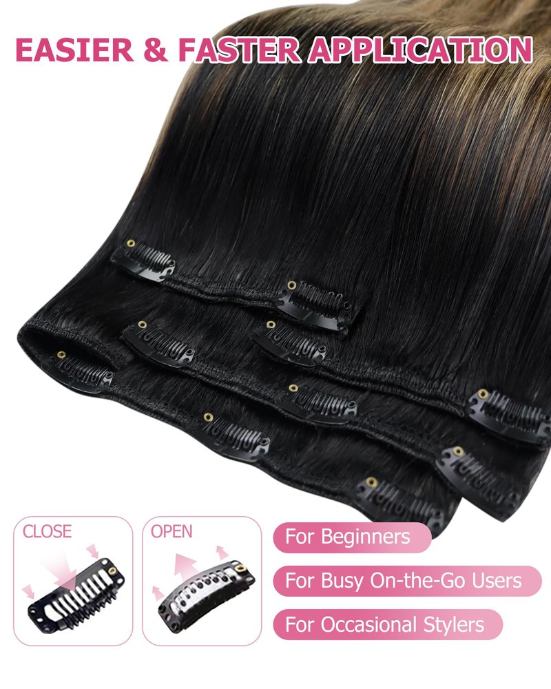 YoungSee 18 Inch Ombre Clip in Hair Extensions 120G Balayage Clip in Human Hair Extensions Natural Black Ombre Dark Brown Mix Blonde, Can Be Heat-styled Clip ins Extensions for Women At Home 7Pcs