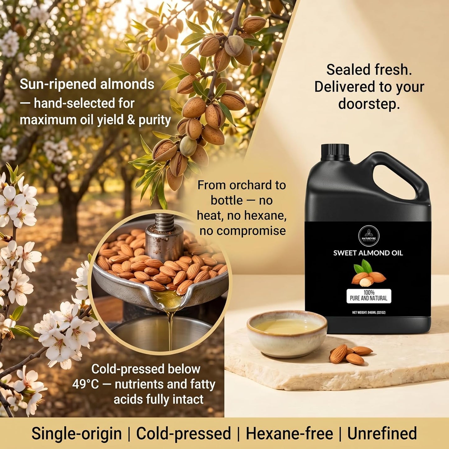 Sweet Almond Oil 32 Ounces - 100% Pure Cold Pressed Carrier Oil for Skin & Hair Care