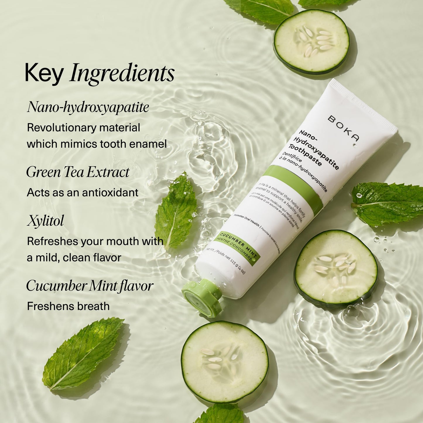 Boka Fluoride Free Toothpaste, Nano Hydroxyapatite Toothpaste, Appropriate for Sensitive Teeth - for Adult, Kids Oral Care - Cucumber Mint Flavor, 4 Fl Oz 3Pk