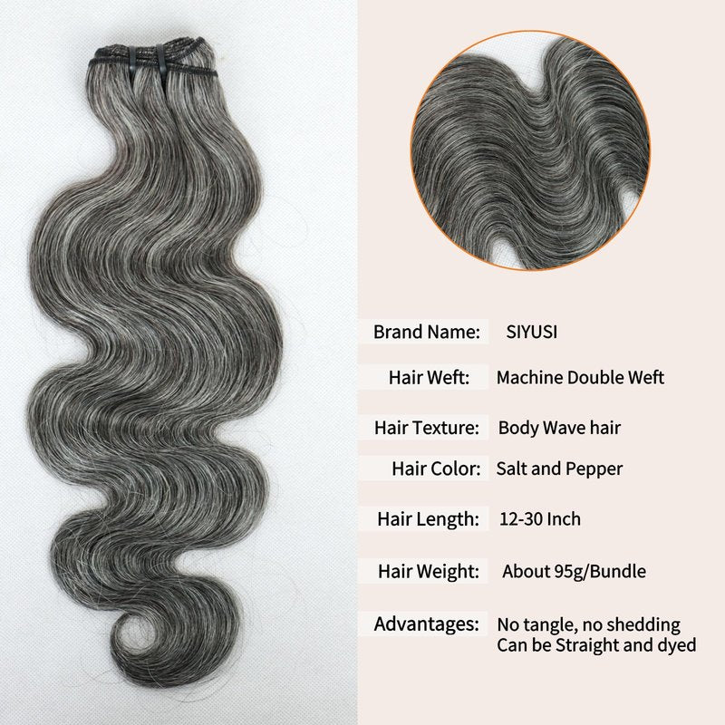 SIYUSI Salt and Pepper Body Wave Human Hair Bundles 12 Inch 1 Bundles Human Hair 100% Unprocessed 12A Brazilian Hair Weave Extensions Natural Gray-White Color