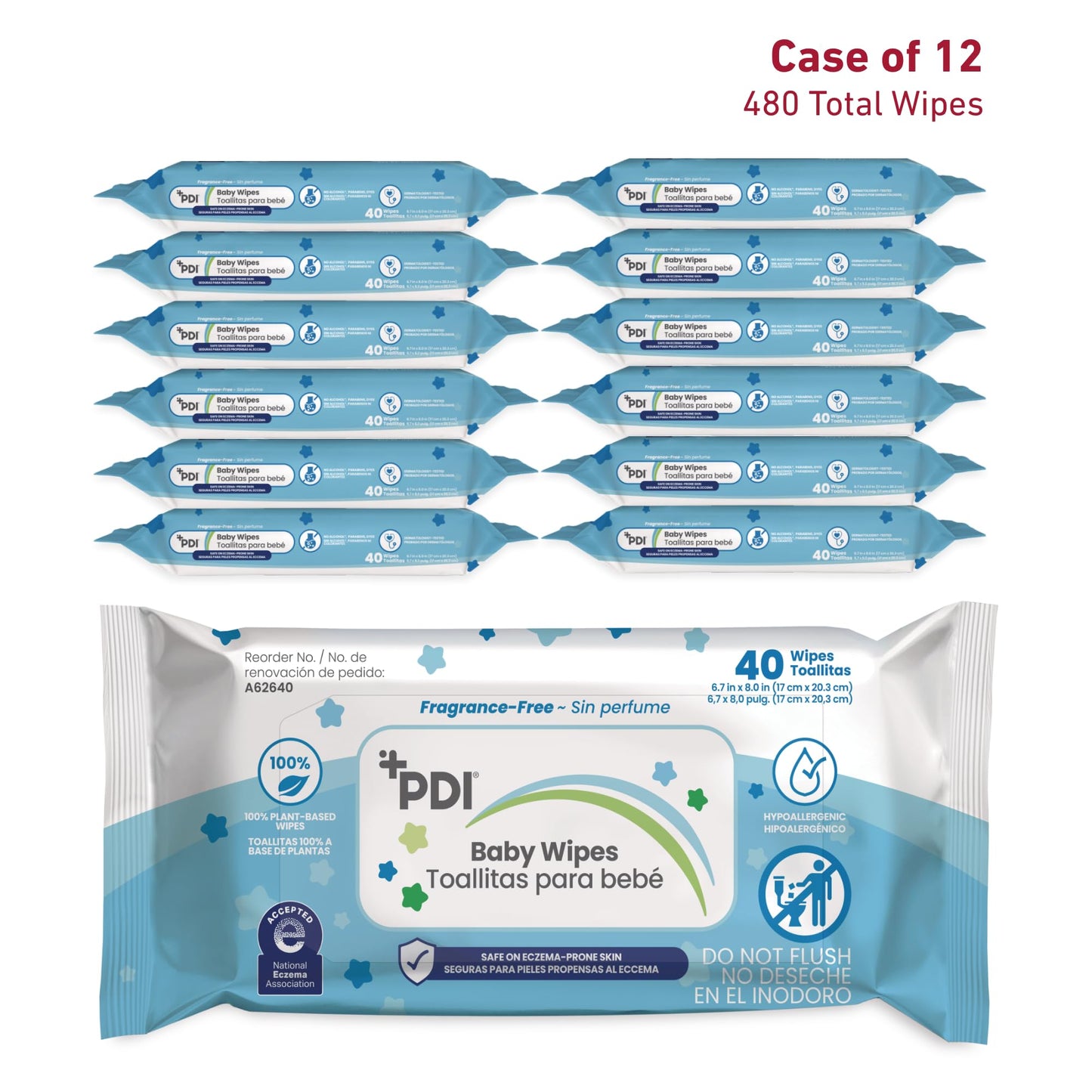 PDI Baby Wipes, Hypoallergenic, Eczema Safe, Fragrance Free, Plant-Based Wipes, 12 Packs of 40 Wipes Each (480 Total)