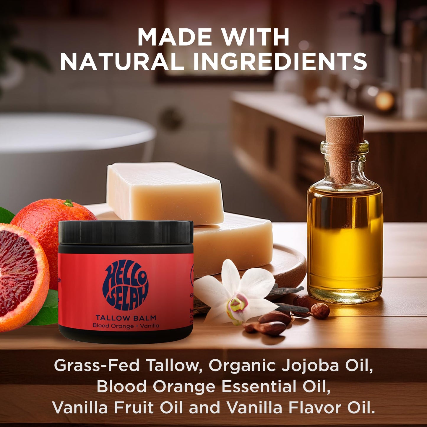 Hello Selah Blood Orange + Vanilla Tallow Balm – Luxurious Moisturizer for Soft, Glowing Skin | 100% Grass-Fed, Organic Face & Body Balm | Uplifting Citrus-Vanilla Aroma, Non-Toxic (Made in the USA)