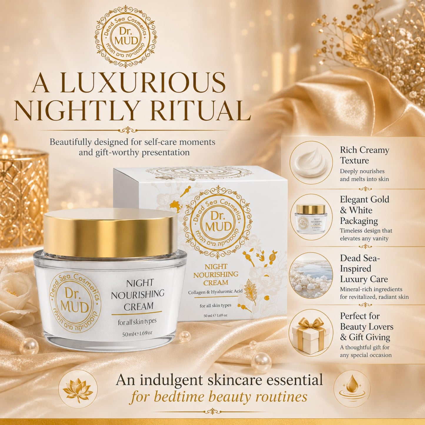Dr.MUD Night Nourishing Cream for Face with Dead Sea Minerals, Hyaluronic Acid, Collagen, Vitamin E, Green Tea, Avocado Oil & Aloe Vera, Rich Overnight Moisturizer for All Skin Types, 50 ml