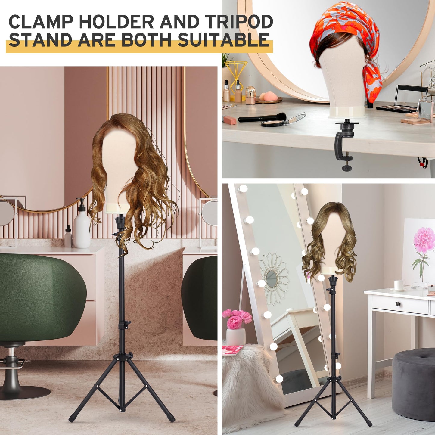 Klvied Wig Stand with 22 Inch Canvas Wig Head, Adjustable 34.64-51.48 Inch Tripod and Table Clamp Set for Wig Display, Basic Styling and Cosmetology Practice, with Carrying Bag
