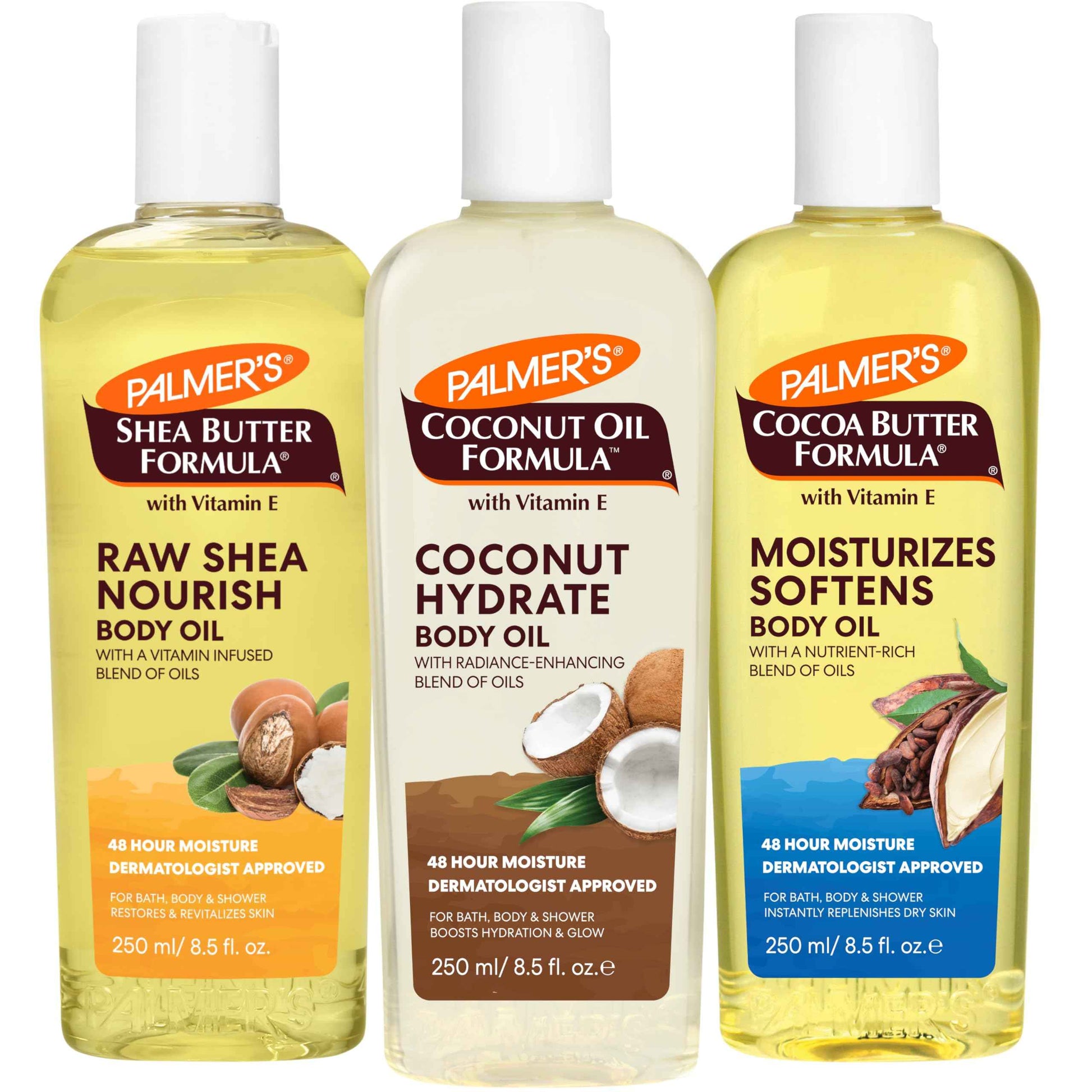 Palmer's Body Oil Variety Pack, Cocoa Butter, Coconut, and Shea, Dermatologist Approved, Instant Absorption, Bath, Body & Shower, 3 Pack (8.5 oz x 3)