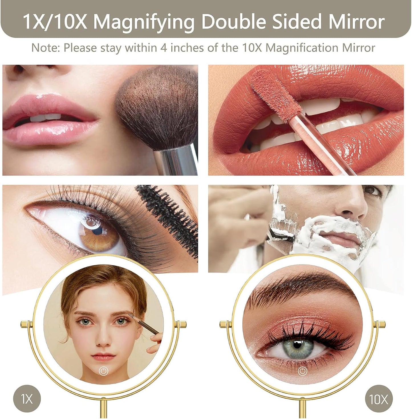 Lighted Makeup Mirror - 1X/10X Magnification, Dimmable & Rechargeable | Adjustable Height, Gold Finish