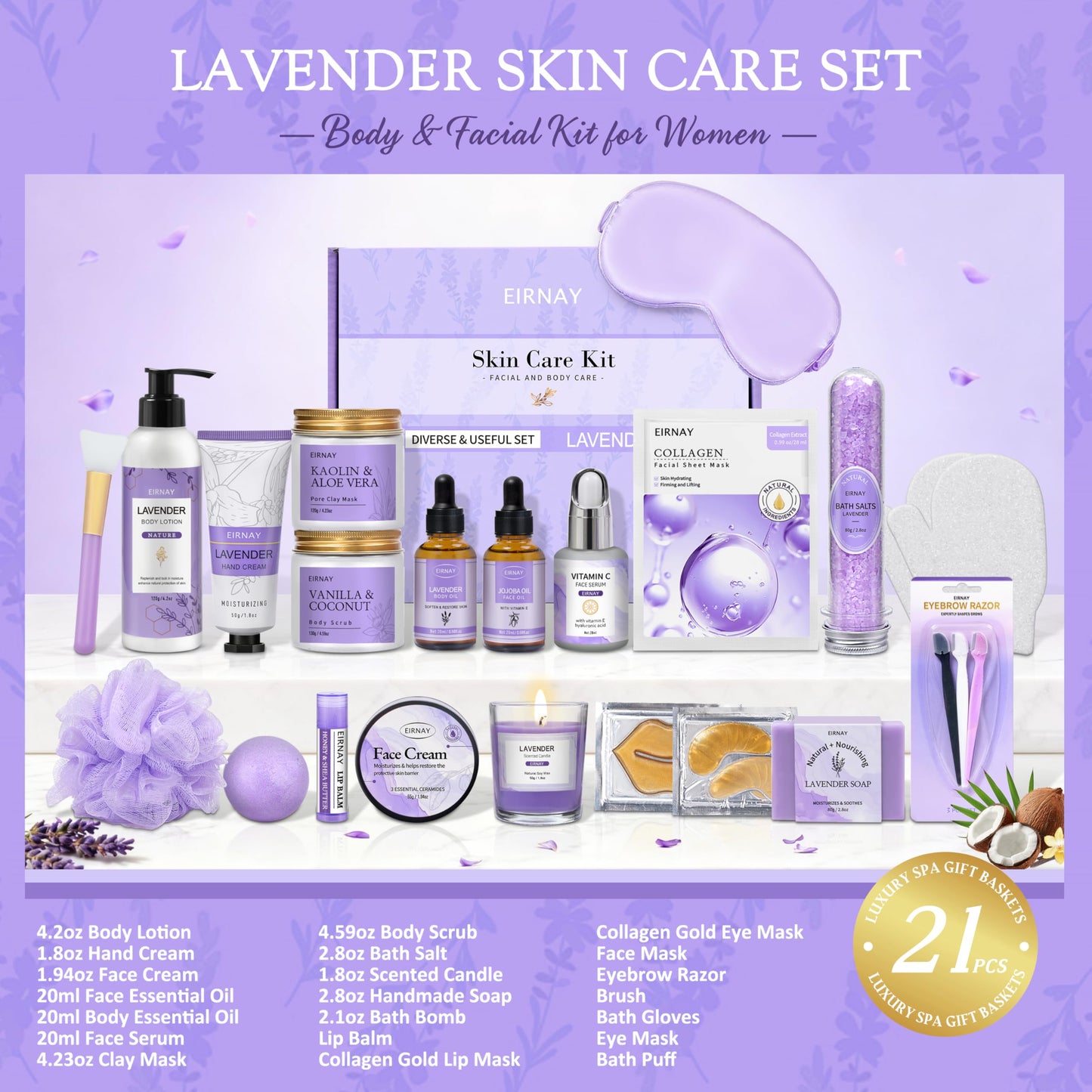 EIRNAY Mothers Day Gifts for Women, Spa Gifts Basket for Women, 21pcs Lavender Bath and Body Gift Basket, Self Care Gifts, Facial Skin Care Set, Birthday Gifts for Mom, Wife, Girlfriend, Sister