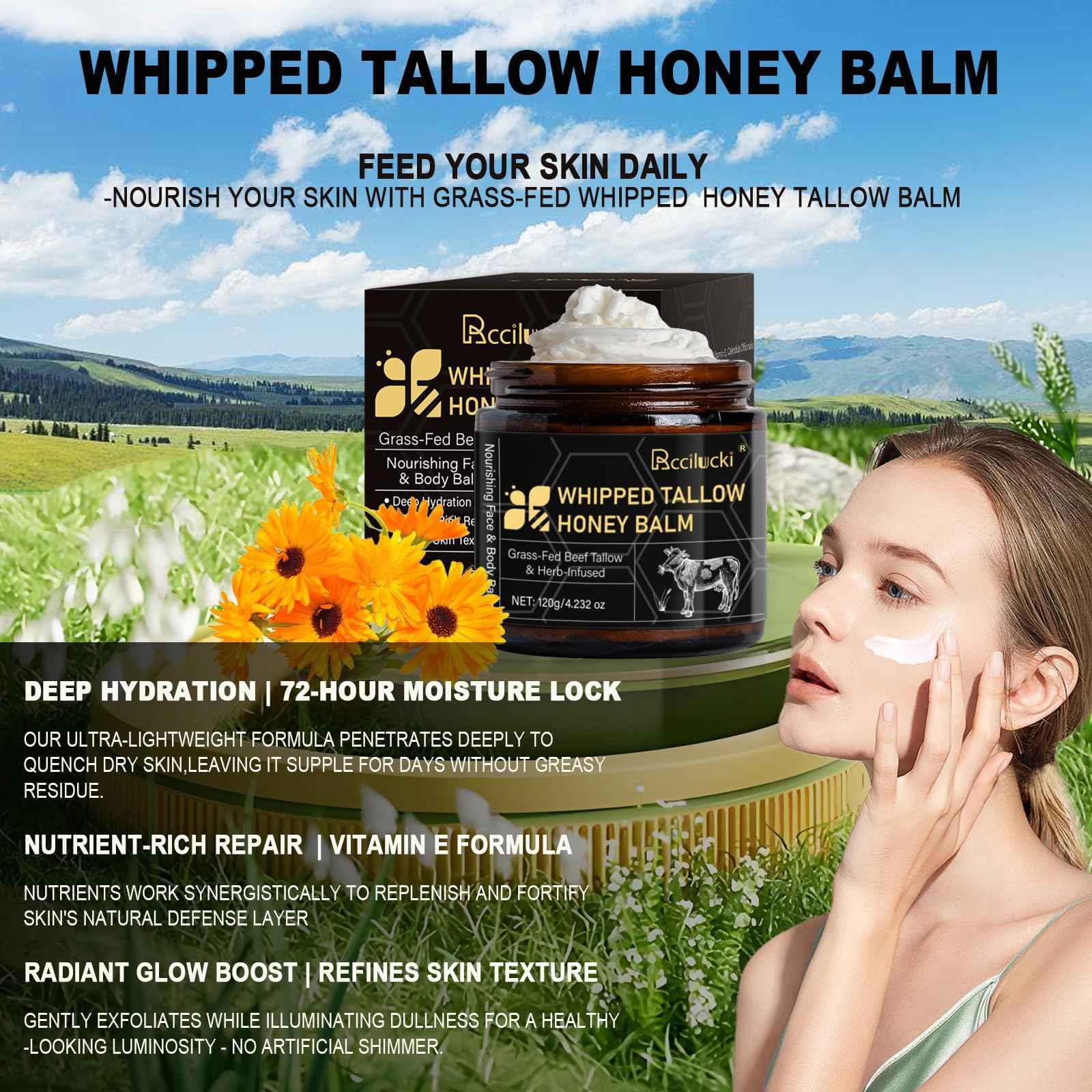 Rccilucki Whipped Tallow Honey Balm for Face & Body – Grass-Fed Whipped Beef Tallow Moisturizer 4.23oz | Organic Tallow Balm with Raw Honey, Vitamin E | Non-Greasy Formula