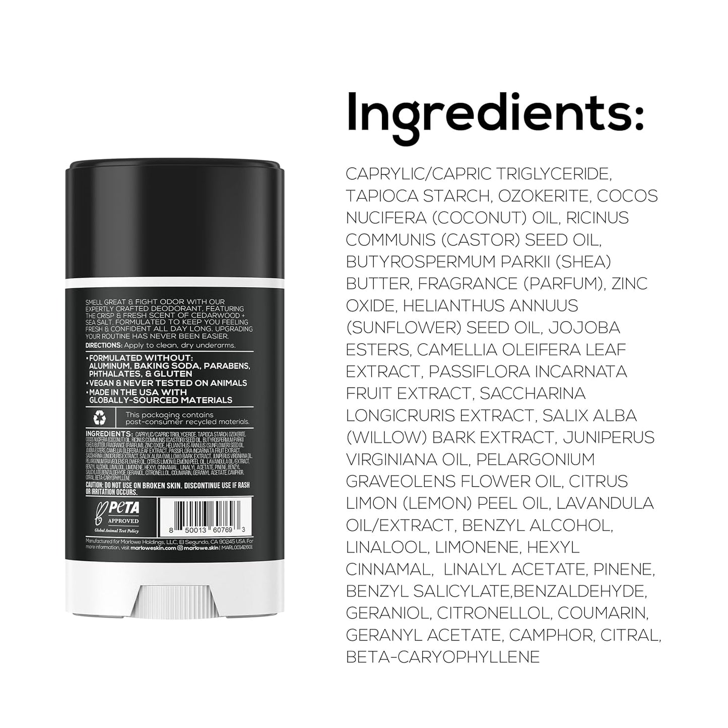 Marlowe. Men's Aluminum-Free Deodorant Stick - Vegan Formula with Coconut Oil & Shea Butter | Fresh Cedarwood & Sea Salt, 2.5 oz