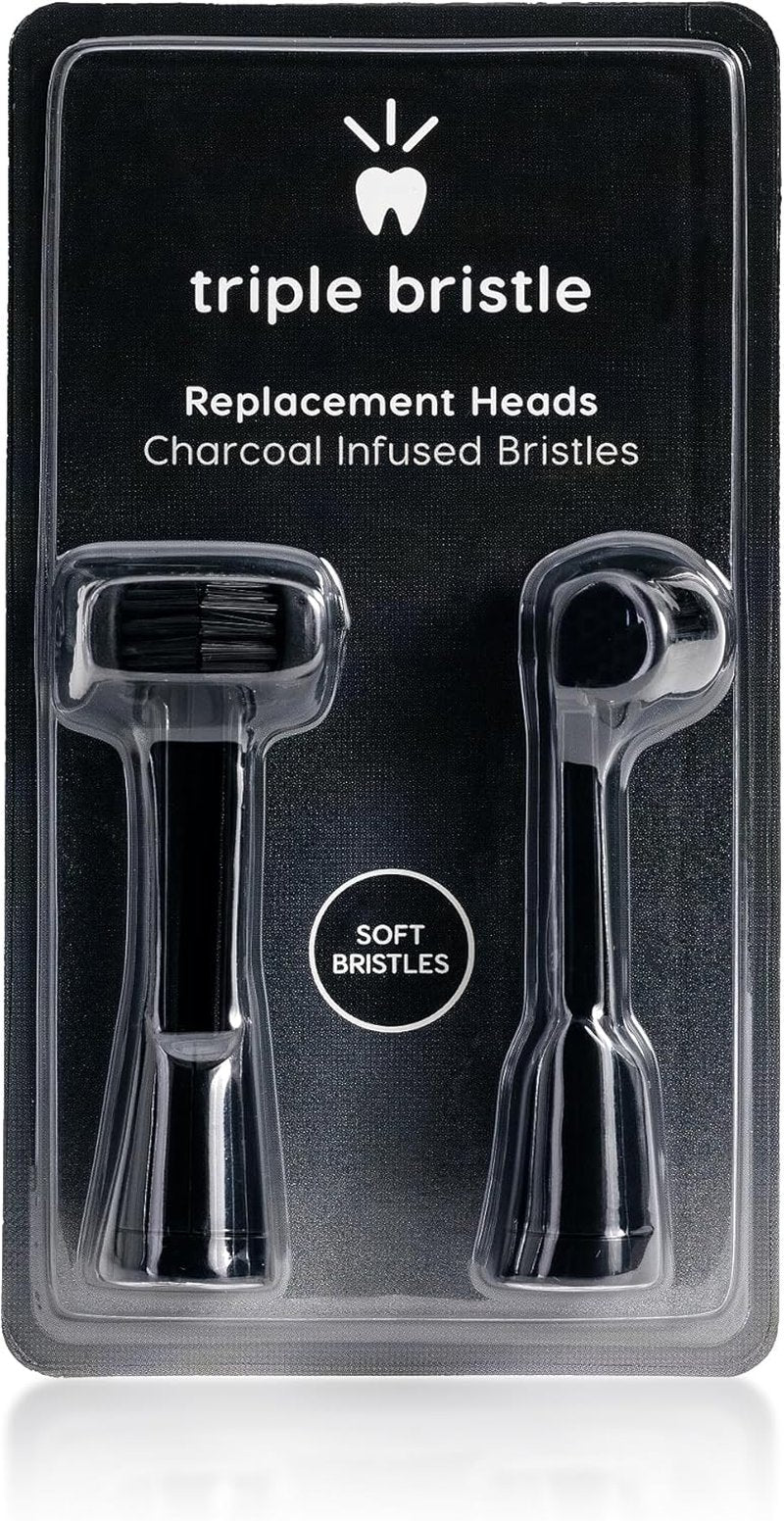 Triple Bristle Max Replacement Brush Heads - Charcoal Infused, Innovative 3-Head Design | 2 Pack (Black)
