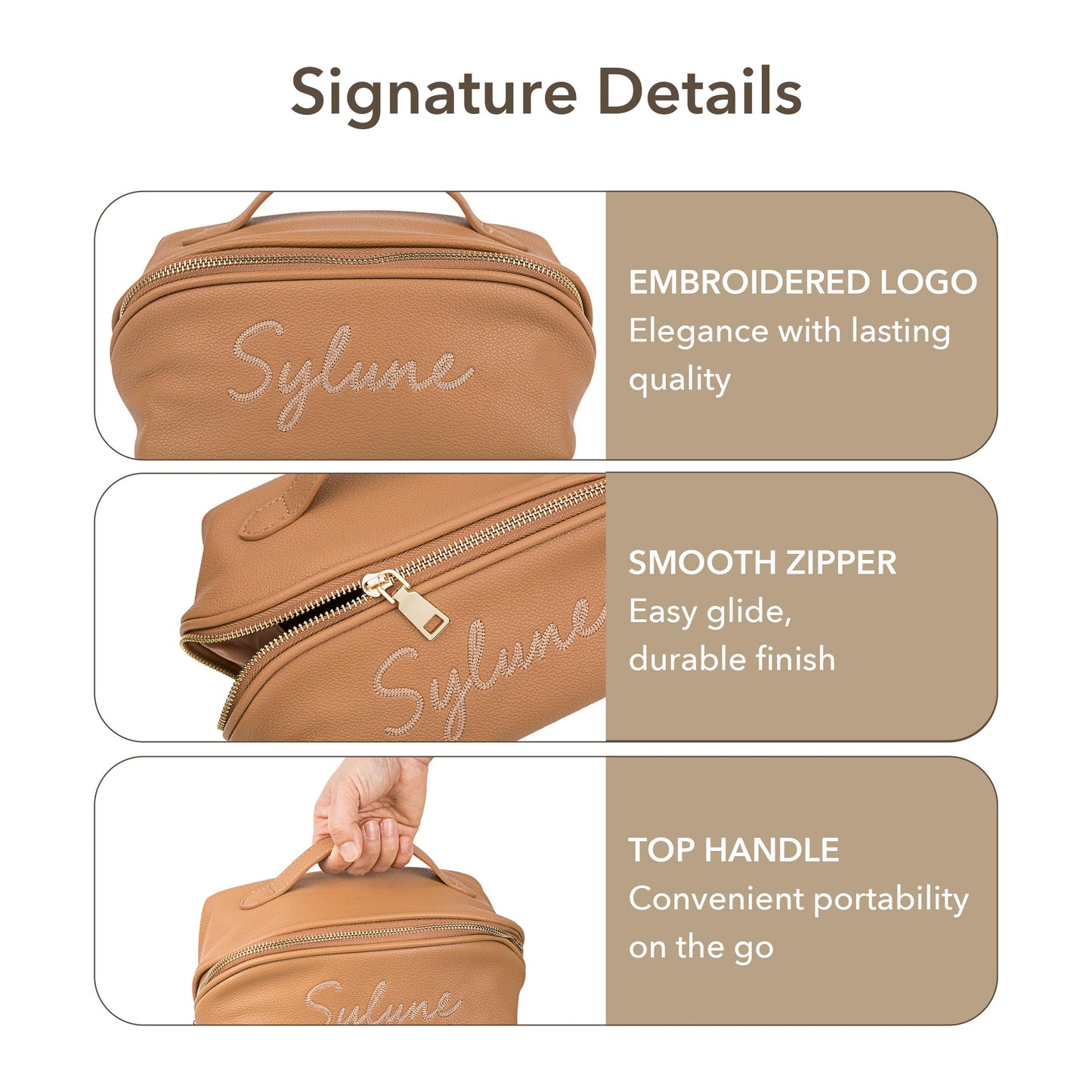 Sylune Classic Makeup Bag - Pebbled Faux Leather Travel Cosmetic Organizer, Water-Resistant Toiletry Bag with Handle, Luxury Gift for Women (Camel Brown)