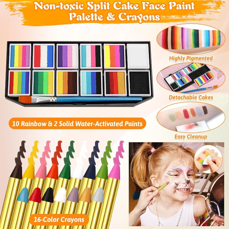 Face Painting Kit - 12x10g Water-Based Split Cake Palette with Stencils & Glitter Crayon | Ideal for Kids & Adults, Perfect for Parties & Events