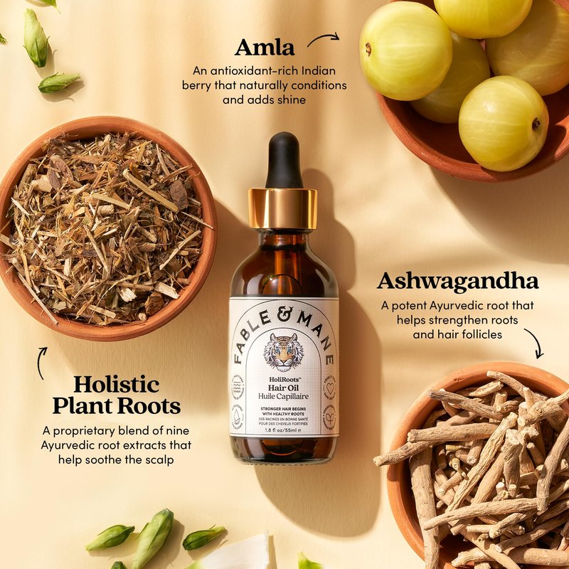 Fable and Mane Hair Oil - HoliRoots Strengthening Serum for Damaged, Frizzy Hair with Amla, Castor Oil for Hair Health - 3.4FL oz