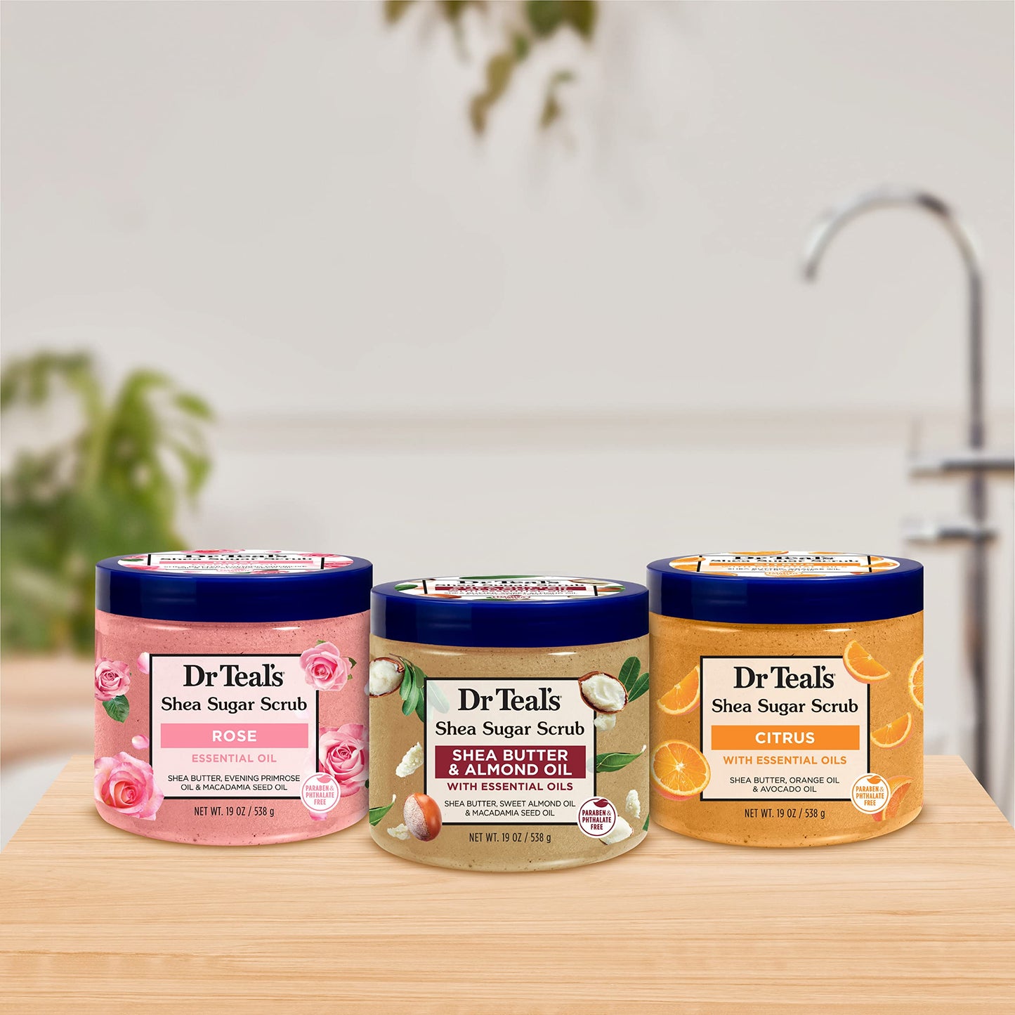 Dr Teal's Shea Sugar Scrub Trial Pack, Rose, Shea Butter, Citrus 19 oz (Pack of 3)