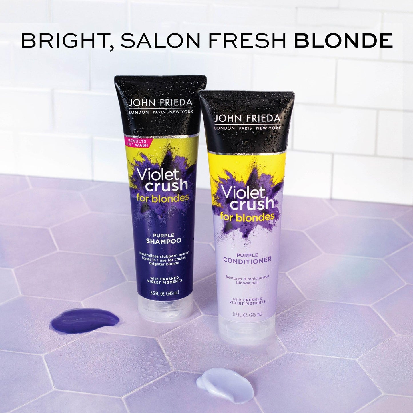 John Frieda 8.3 Ounce Shampoo for Blonde Hair, Violet Crush Purple Shampoo, Neutralizes Brassy Yellow Tones, Blonde Toner for Bleached, Platinum