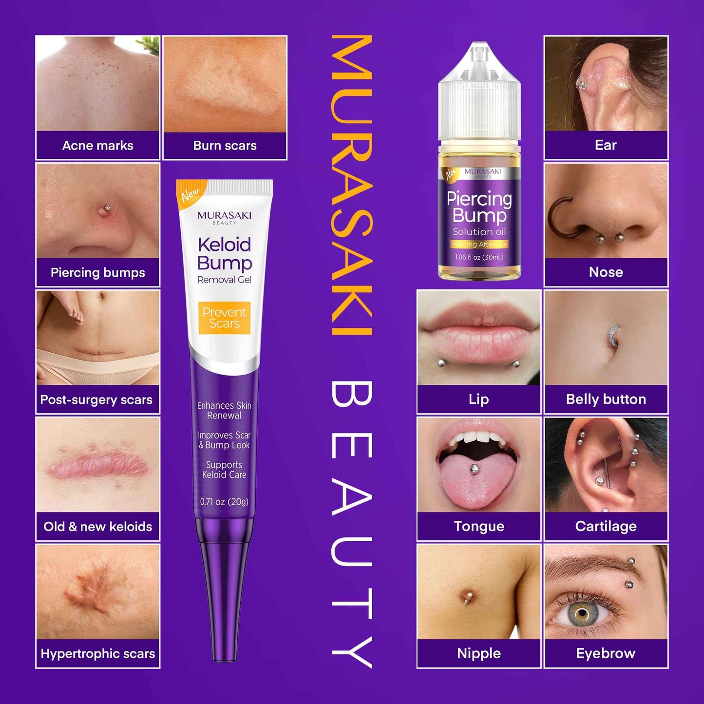 Piercing & Keloid Bump Solution Oil & Gel Kit, Piercing Aftercare Treatment Piercing Bump Solution Aftercare Oil (30 mL) + Keloid Bump Removal Gel (20 g) (2 Pack)