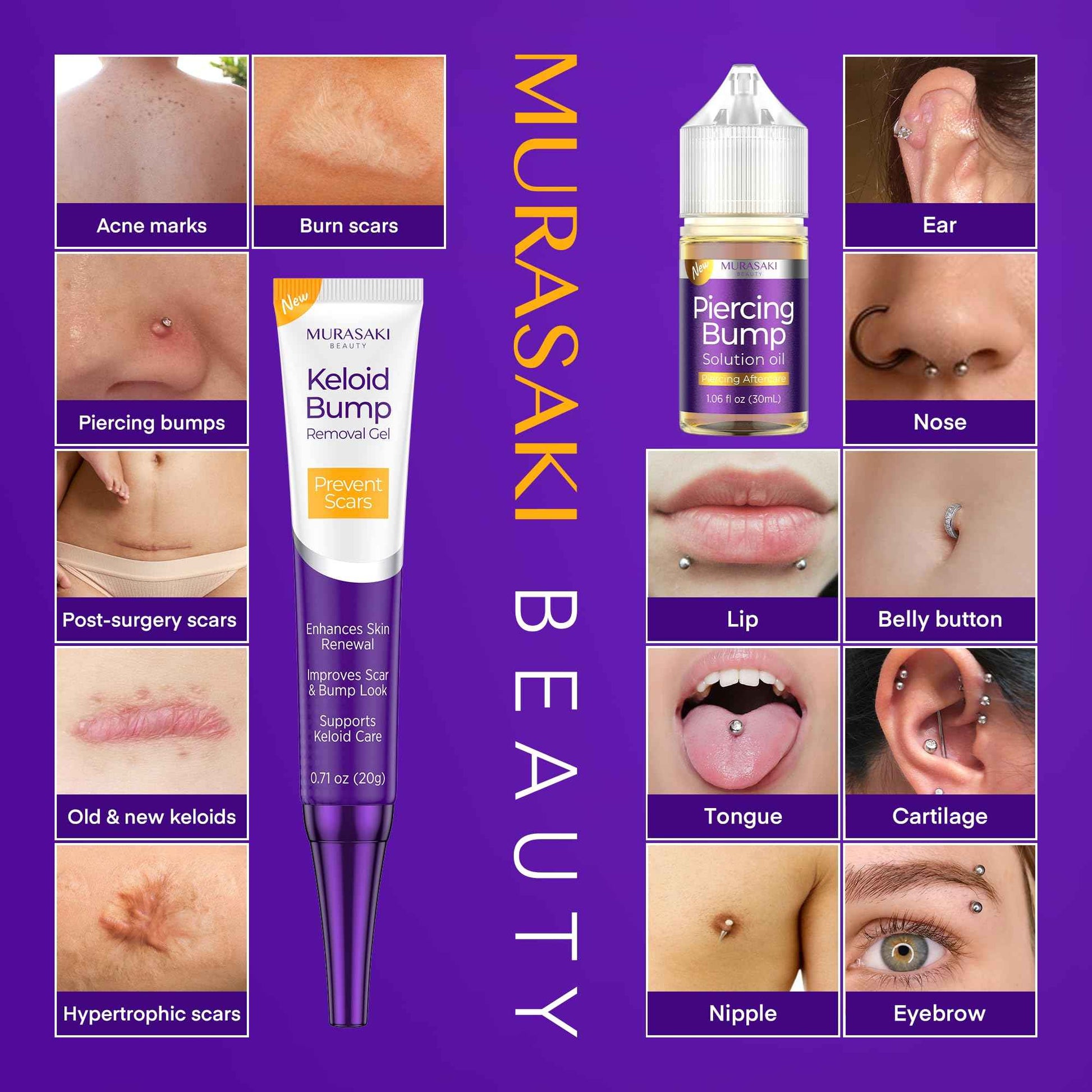Piercing & Keloid Bump Solution Oil & Gel Kit, Piercing Aftercare Treatment Piercing Bump Solution Aftercare Oil (30 mL) + Keloid Bump Removal Gel (20 g) (2 Pack)
