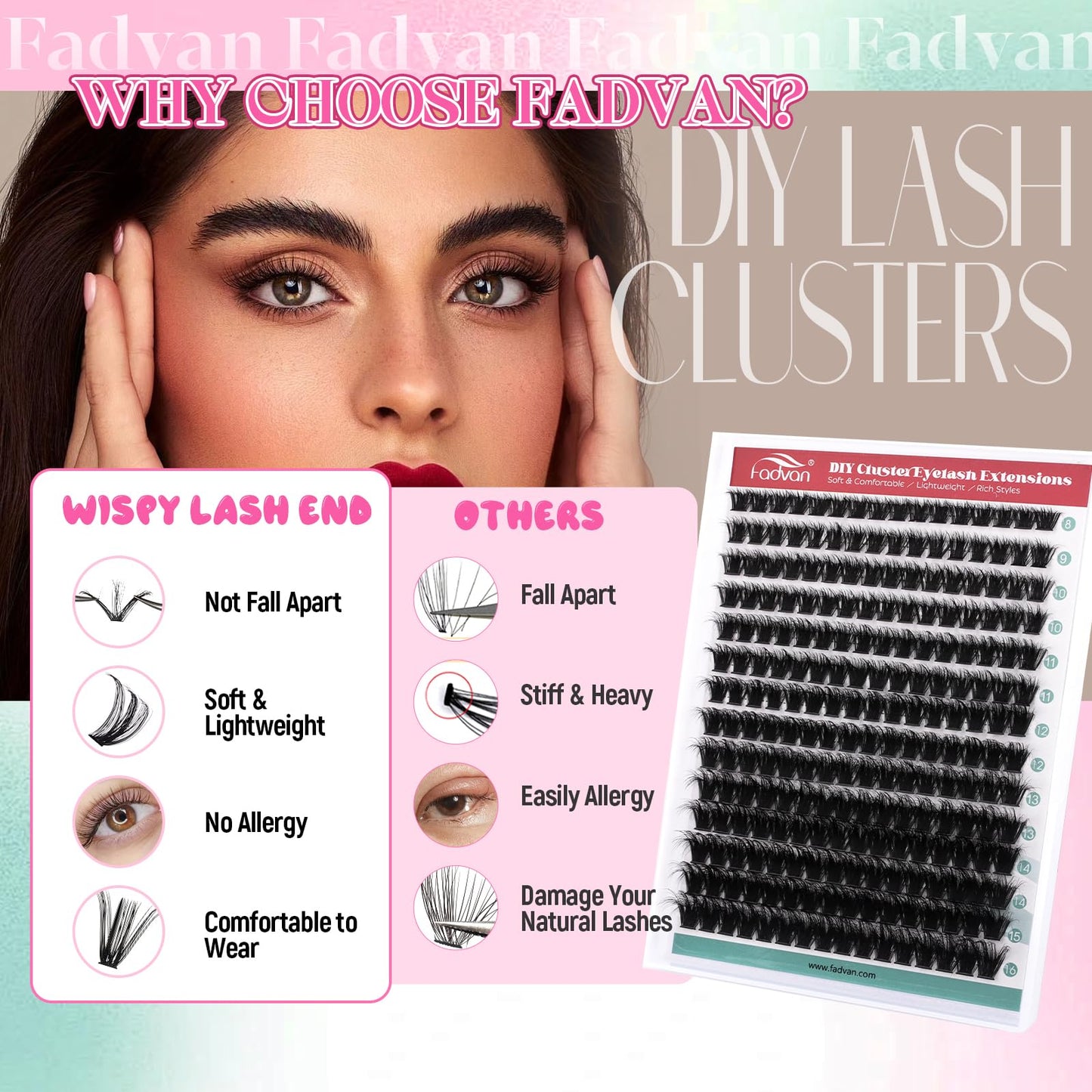 FADVAN 100D 3D Wispy Lash Clusters 280pcs, C Curl 8-16mm Individual False Eyelashes, Natural DIY Cluster Extensions for Beginners