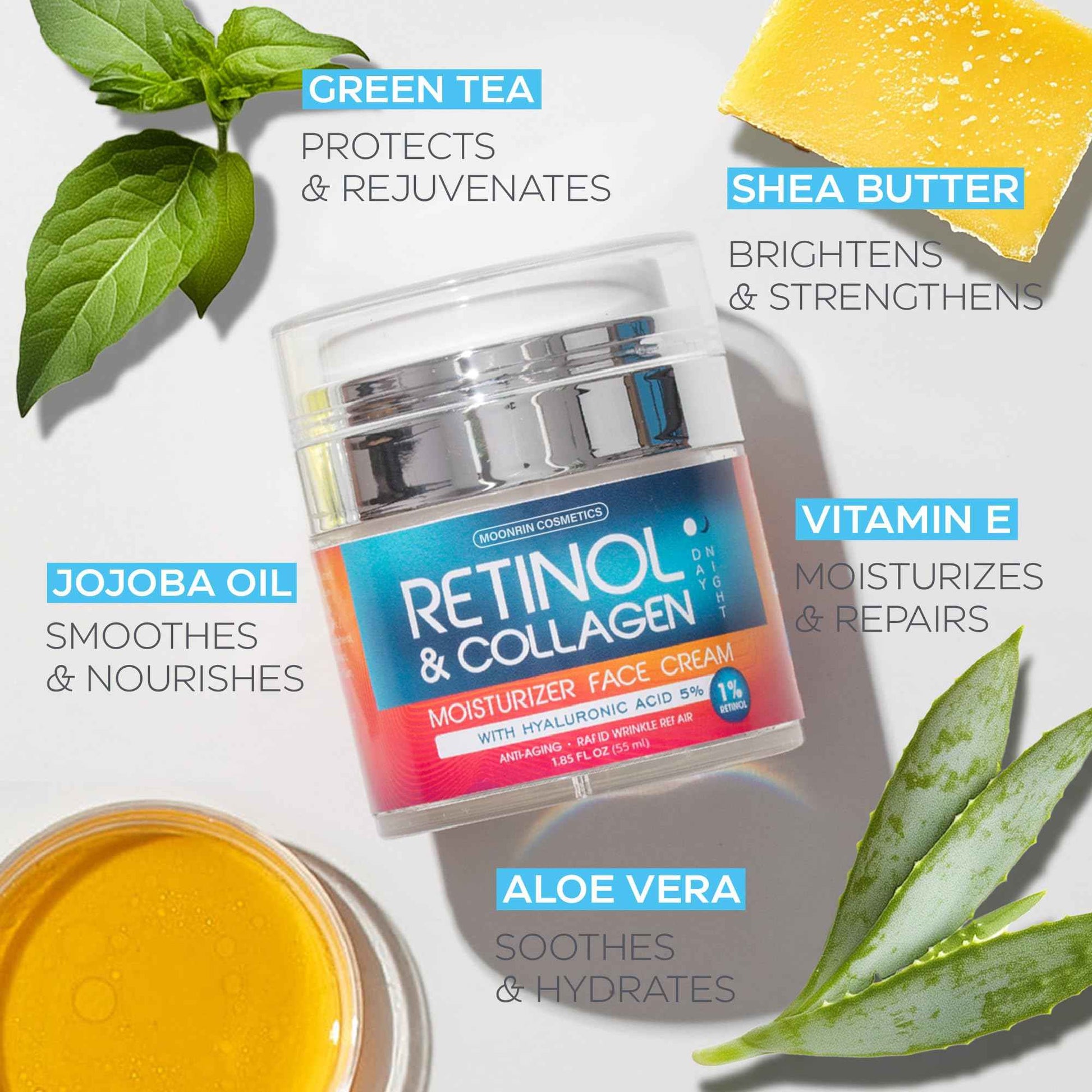 Retinol Cream for Face with Hyaluronic Acid, Day-Night Anti-Aging Moisturizer for Women, Men, Collagen Cream for Face Reduces Wrinkles, Dryness, 1.85 Oz