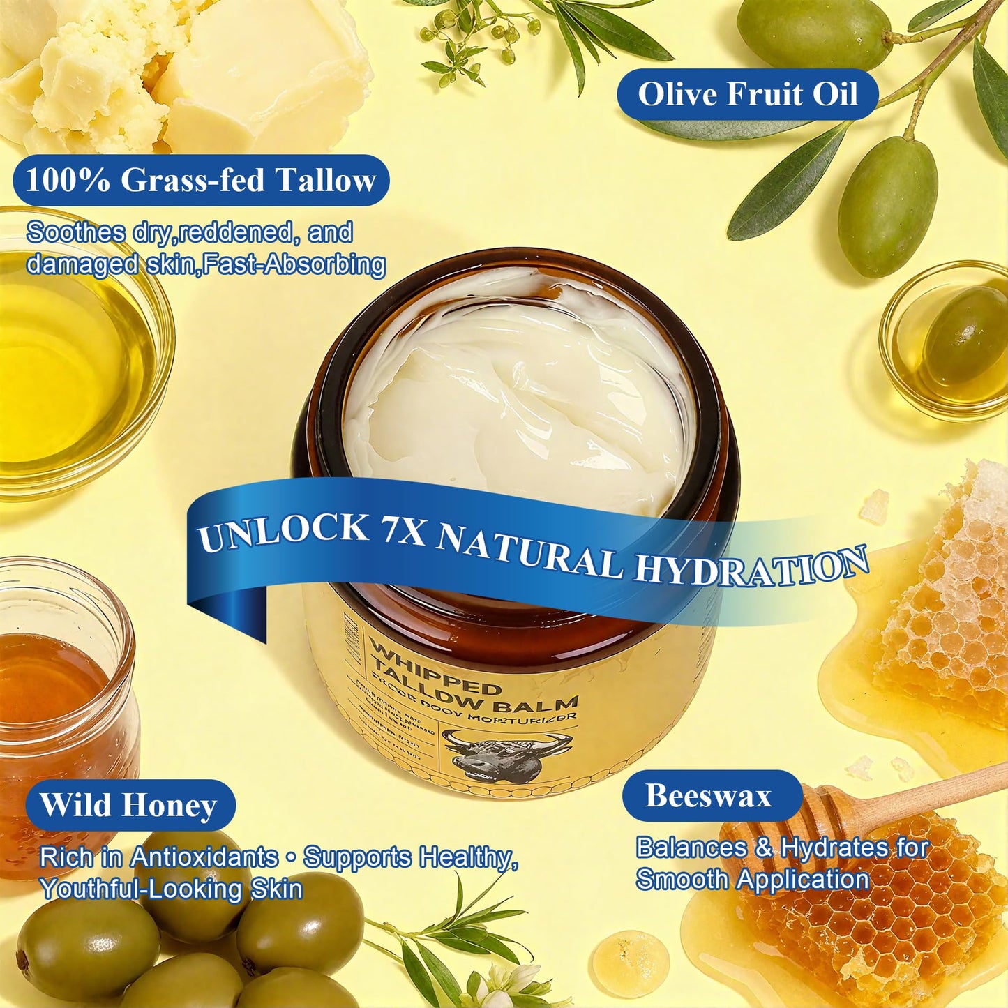 FLEXQW Organic Raw Whipped Tallow Balm | 7X Moisturizing Grass Fed Beef Tallow Face & Body Moisturizer with Wild Honey, Beeswax | Skin Repair for Dry Sensitive Skin, Hands & Feet | 4.2 oz/120g 2Pack