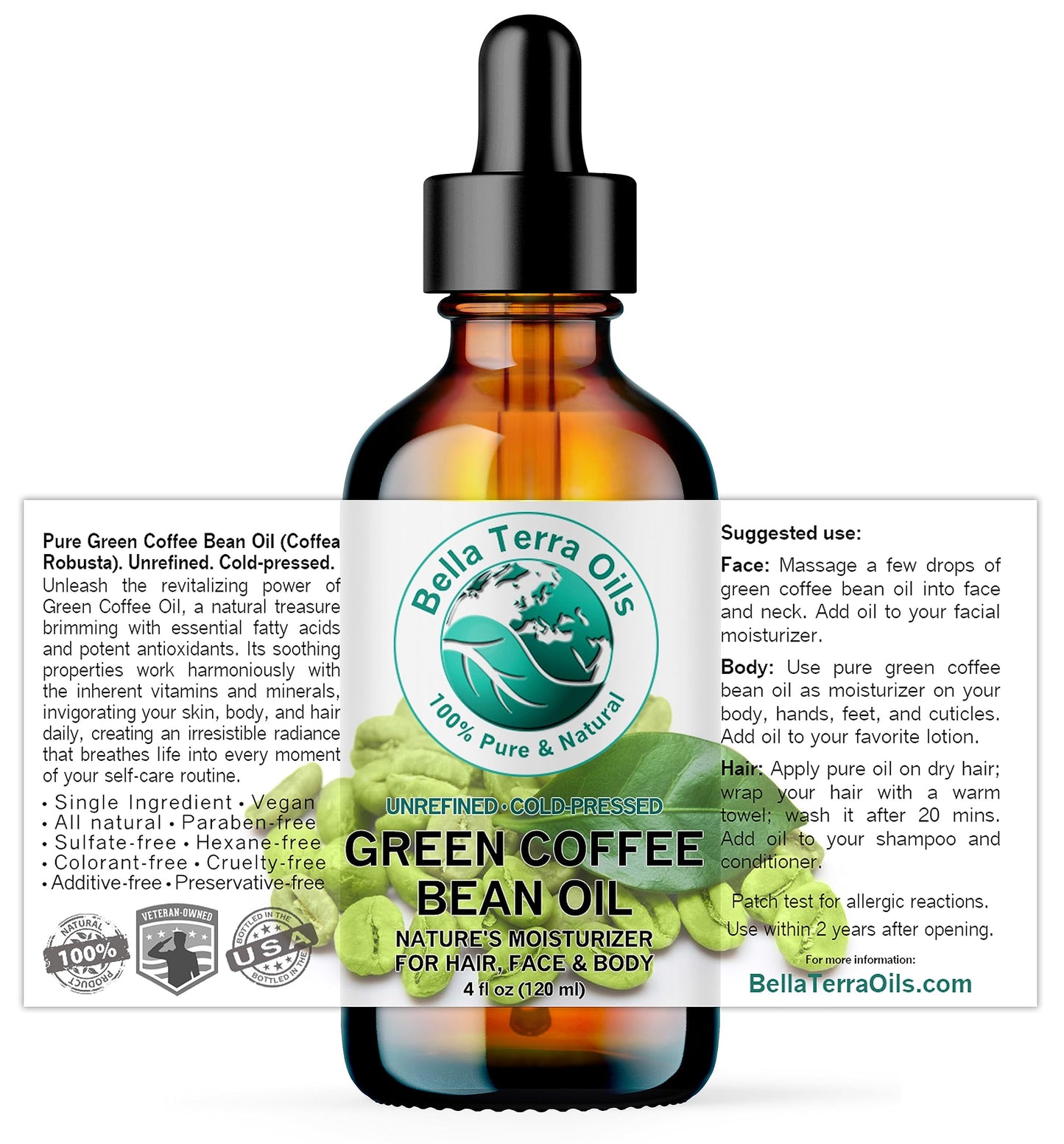 Bella Terra Oils - Green Coffee Bean Oil 8 oz - Famed for Trigonelline & Nutritional Compounds, Elevate Beauty Rituals with this Caffeine Oil Delight