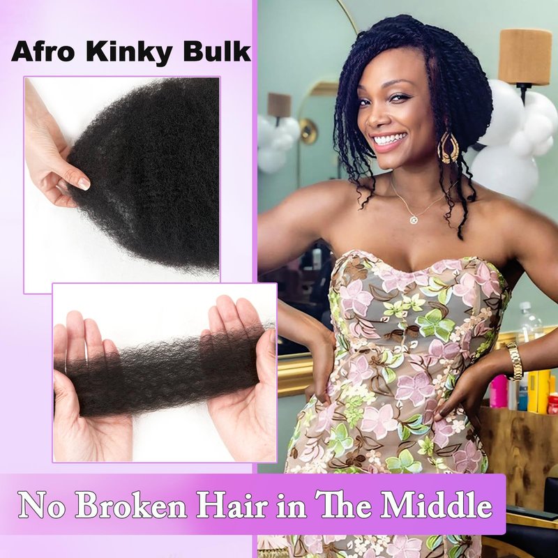 Bob Afro Kinkys Bulk Human Hair 10 Inch 50g Spring Twist Hair Afro Kinky-curly Human Hair Bulk for Twist 4C Kinkycurly Human Braiding Hair for Women Girl Kids Natural Black