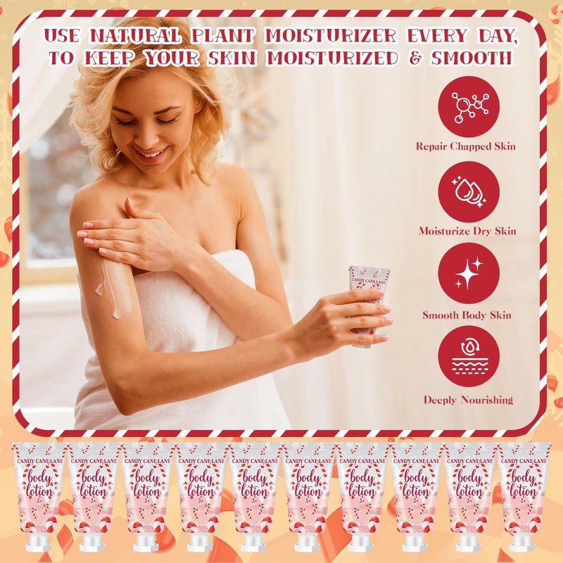 Sacubee 24 Set Christmas Candy Peppermint Cane Lip Balm and Body Lotion Bulk Christmas Hand Cream for Women Peppermint Lip Balm for Women Men Travel Size Body Lotion Gift