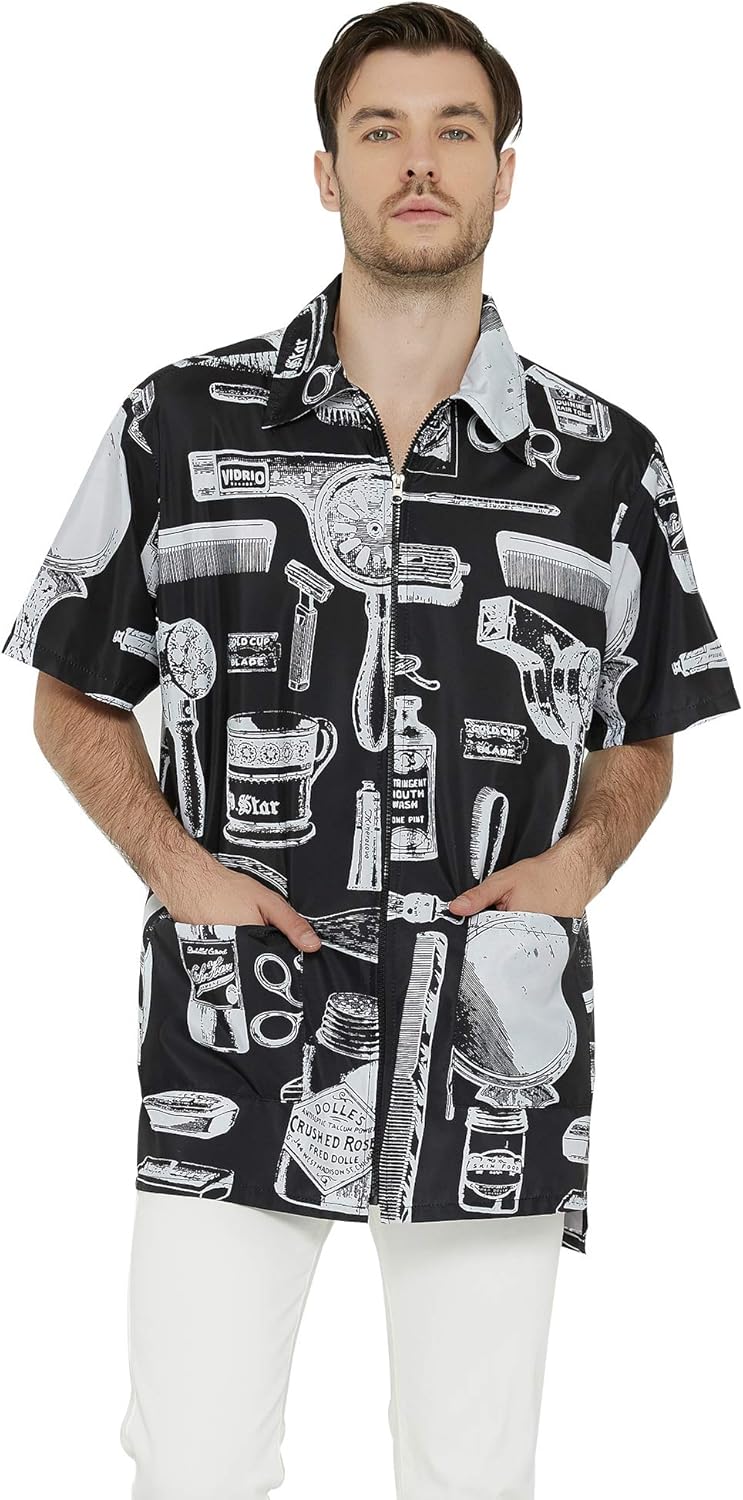 Men's Barber Jacket | Vintage Print Stylist Grooming Smock - Professional Hair Dressing Apparel in Black